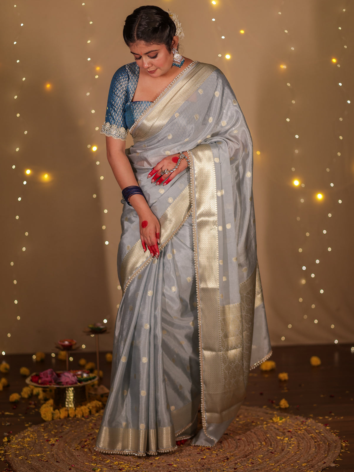 Banarasi Cotton Silk Saree With Zari Weaving & Lace Border- Grey