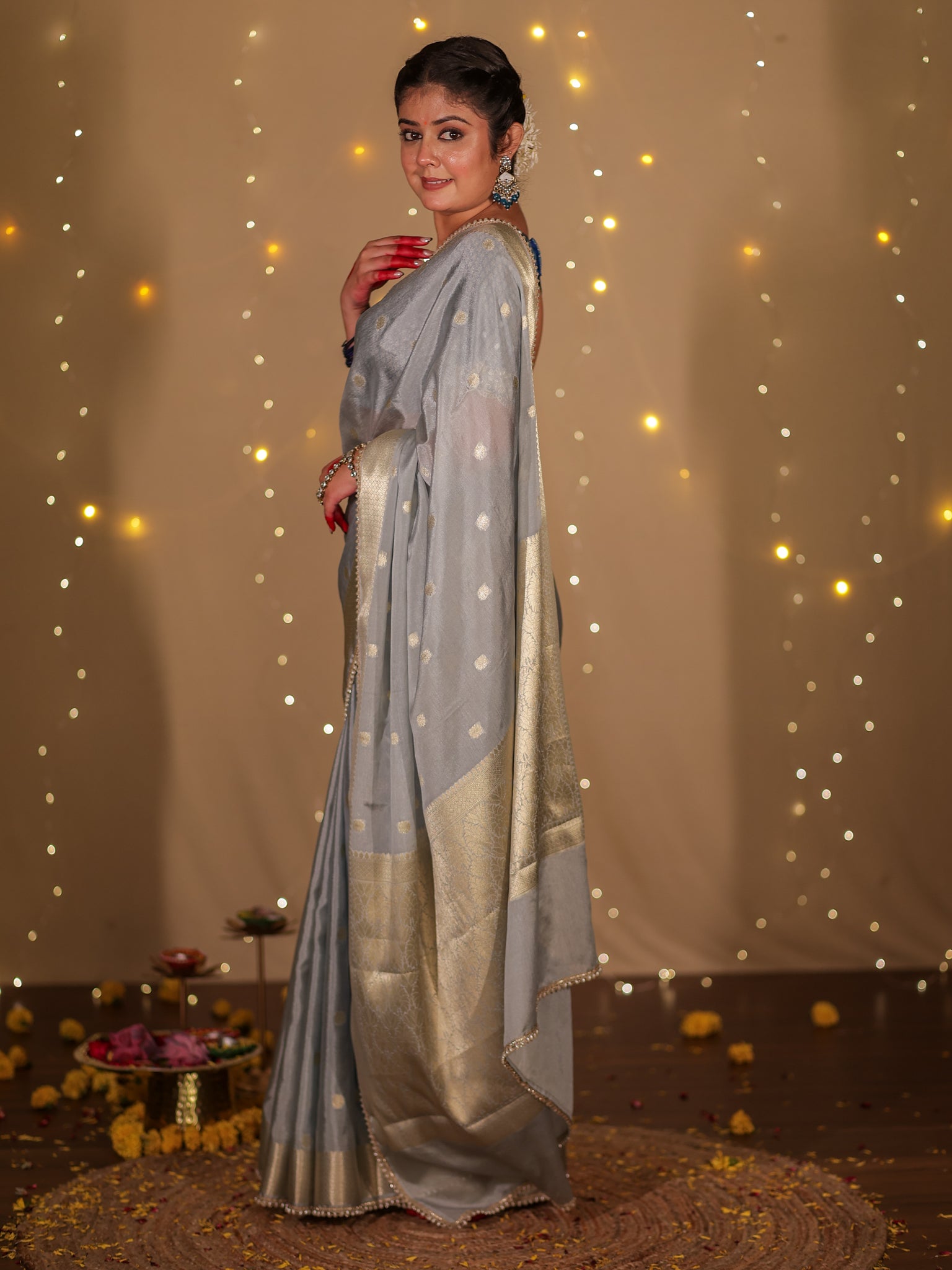 Banarasi Cotton Silk Saree With Zari Weaving & Lace Border- Grey