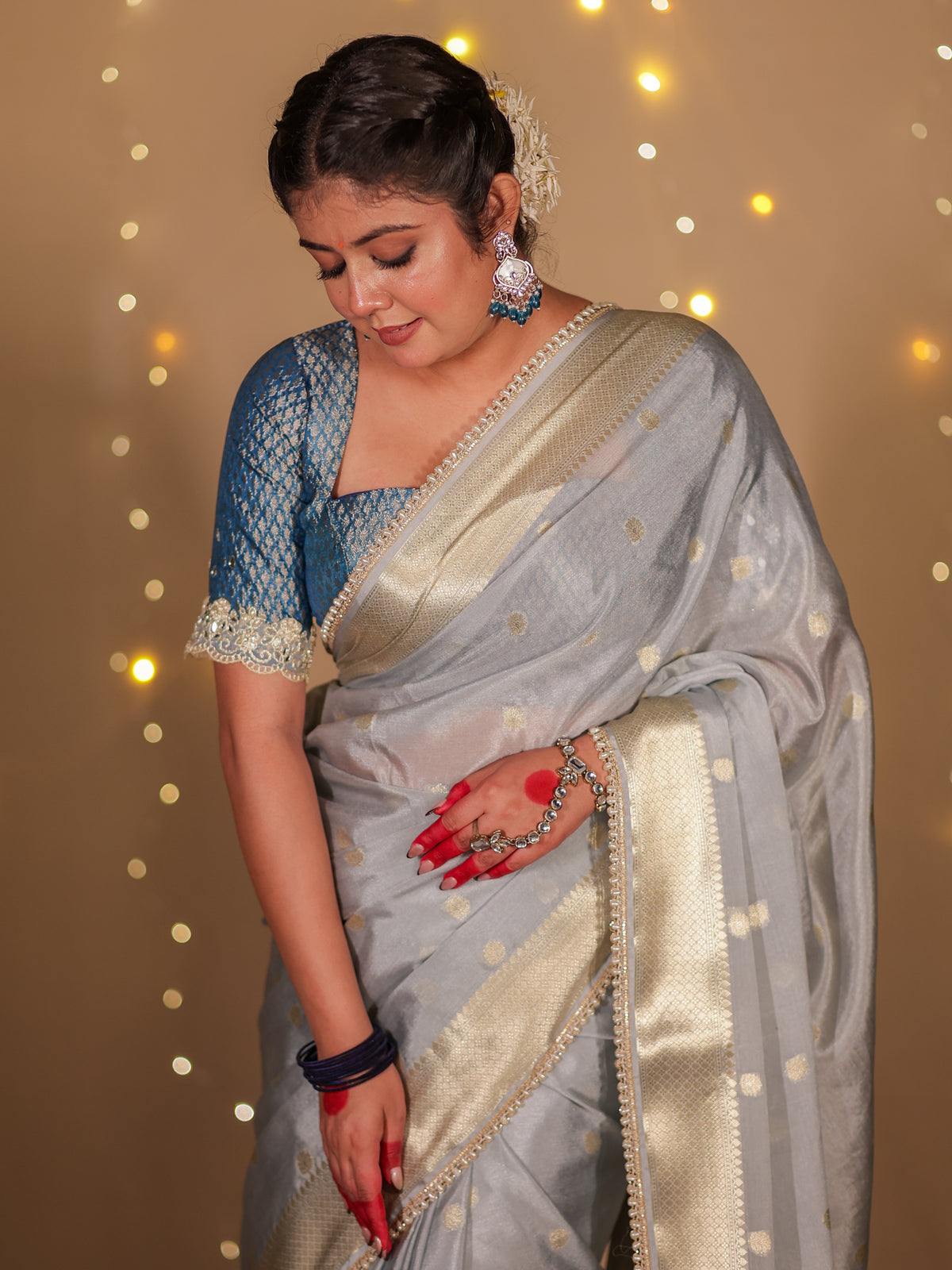 Banarasi Cotton Silk Saree With Zari Weaving & Lace Border- Grey