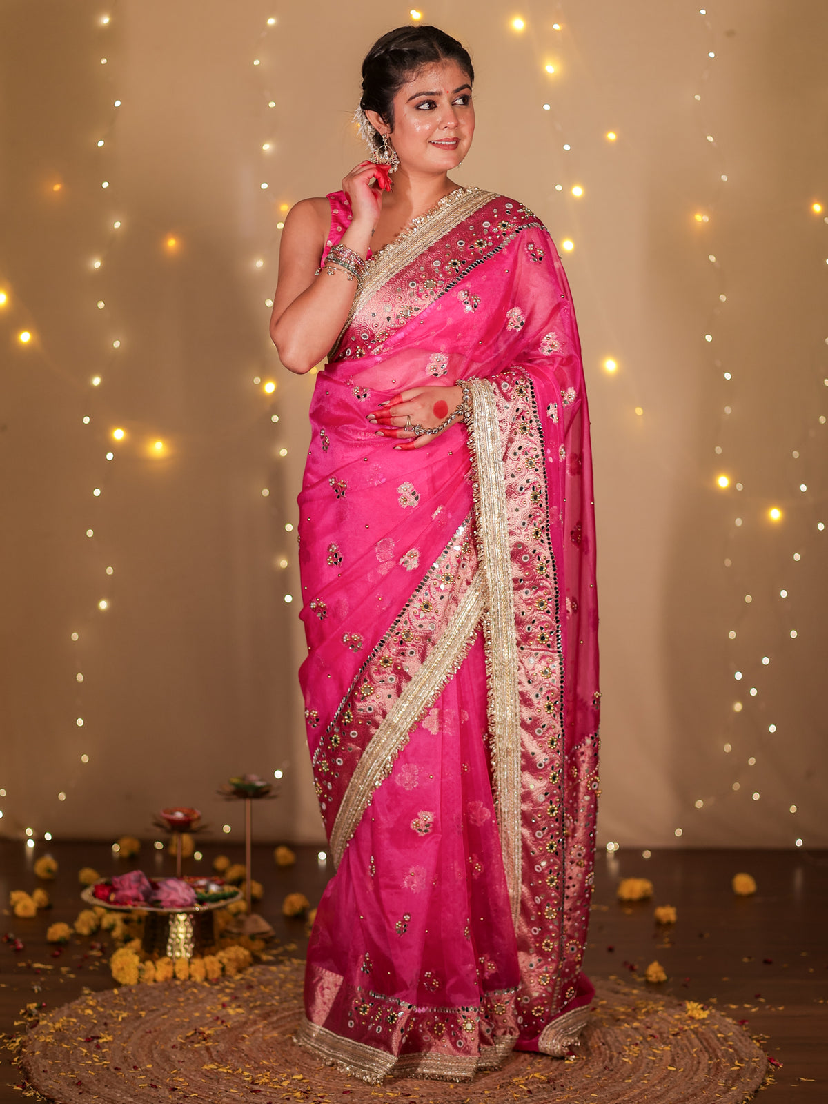 Banarasi Mirror Work Tissue Saree with Lace Border - Magenta