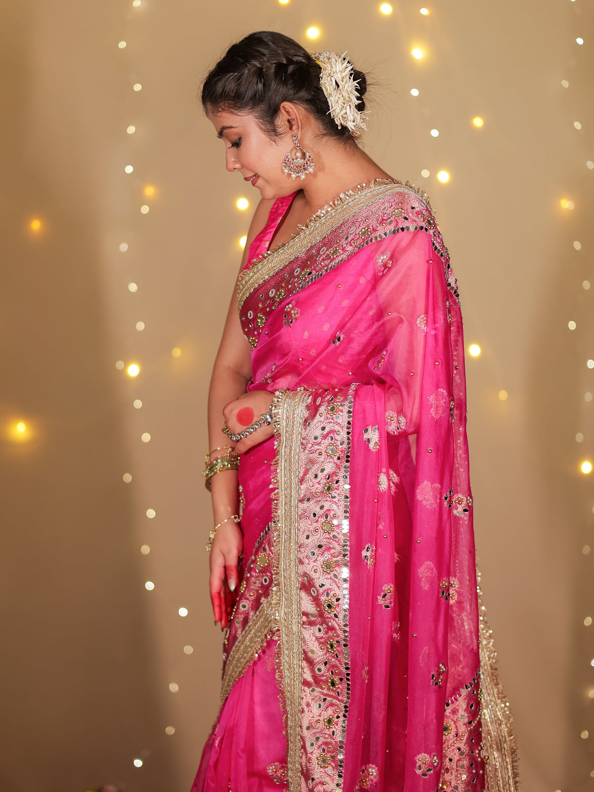 Banarasi Mirror Work Tissue Saree with Lace Border - Magenta