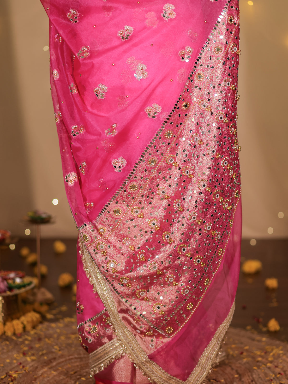 Banarasi Mirror Work With Ghungroo Tissue Saree with Lace Border - Magenta