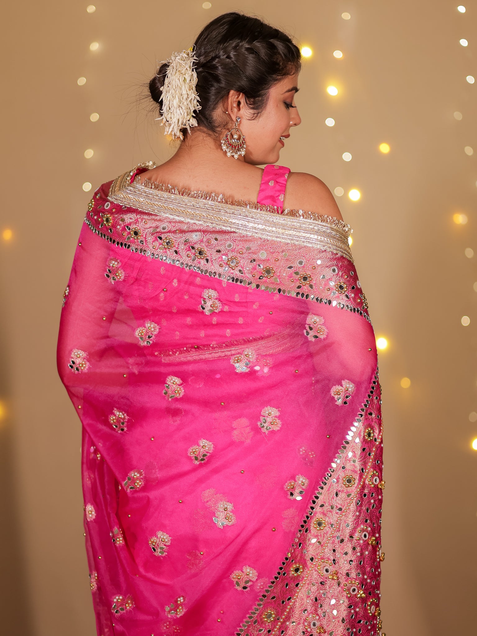 Banarasi Mirror Work Tissue Saree with Lace Border - Magenta