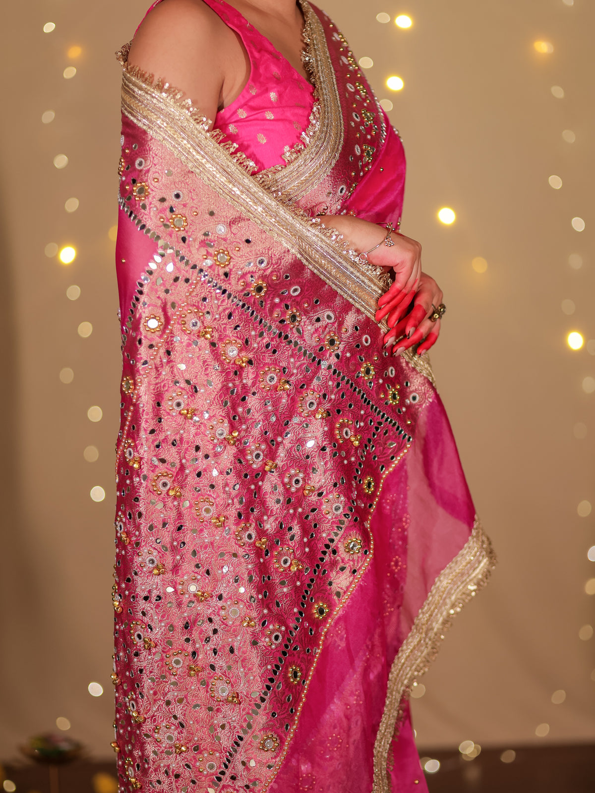 Banarasi Mirror Work Tissue Saree with Lace Border - Magenta