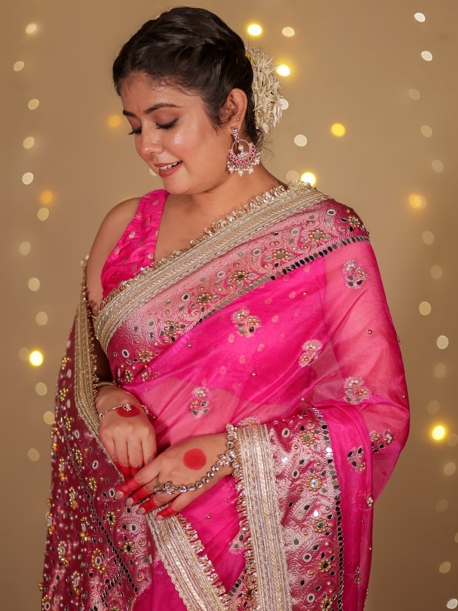 Banarasi Mirror Work Tissue Saree with Lace Border - Magenta