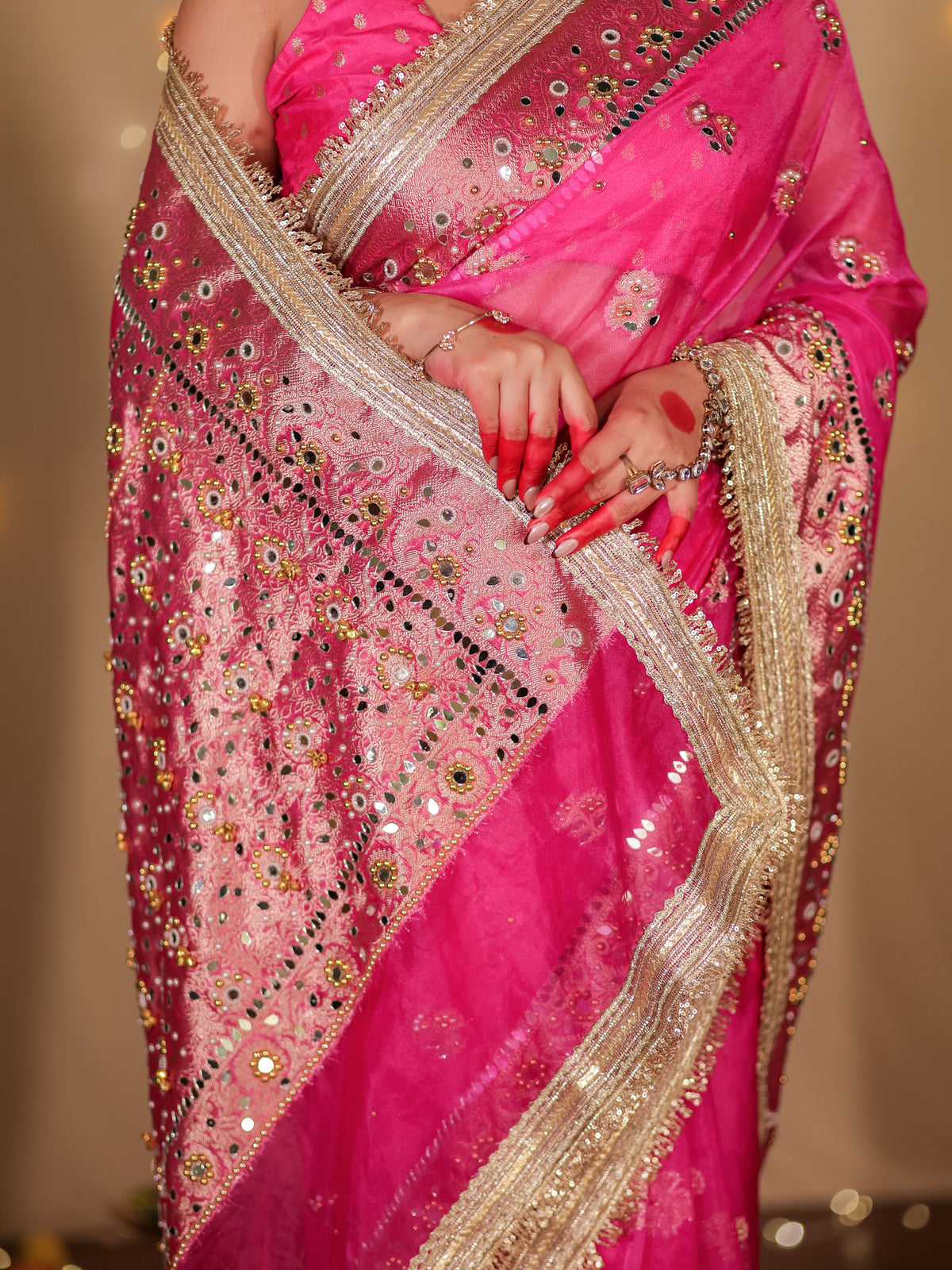 Banarasi Mirror Work Tissue Saree with Lace Border - Magenta