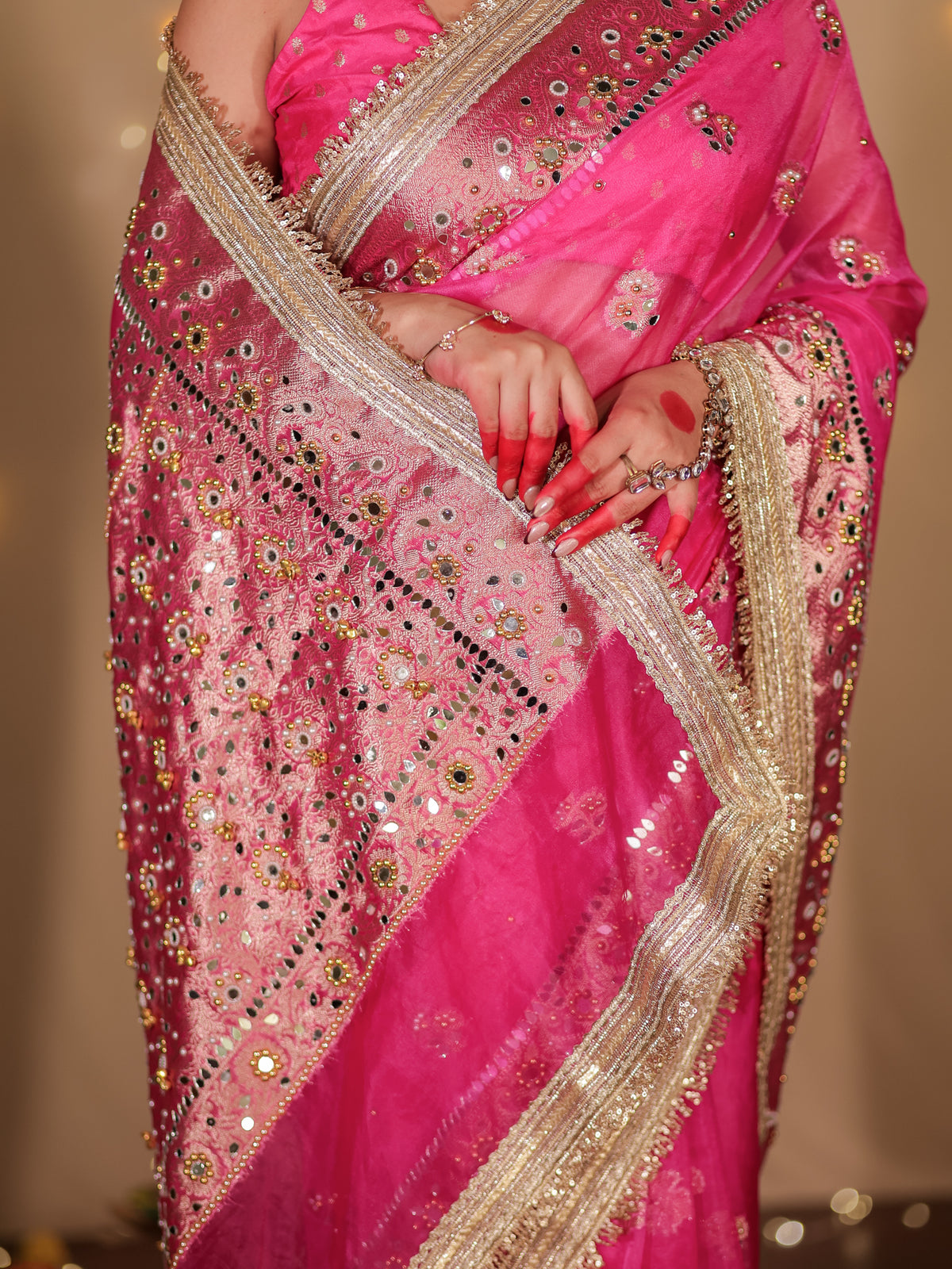 Banarasi Mirror Work With Ghungroo Tissue Saree with Lace Border - Magenta
