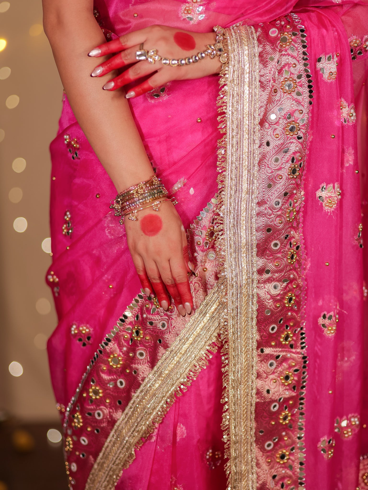 Banarasi Mirror Work Tissue Saree with Lace Border - Magenta