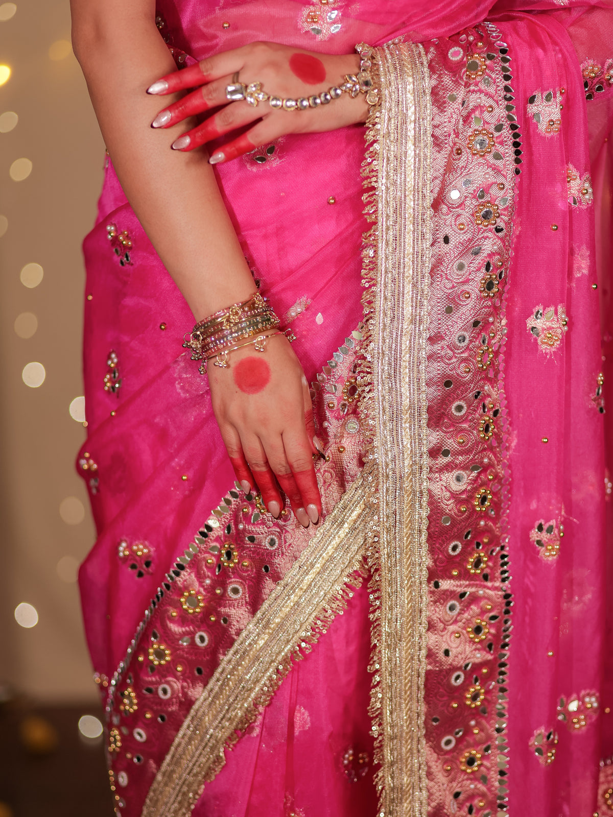 Banarasi Mirror Work Tissue Saree with Lace Border - Magenta