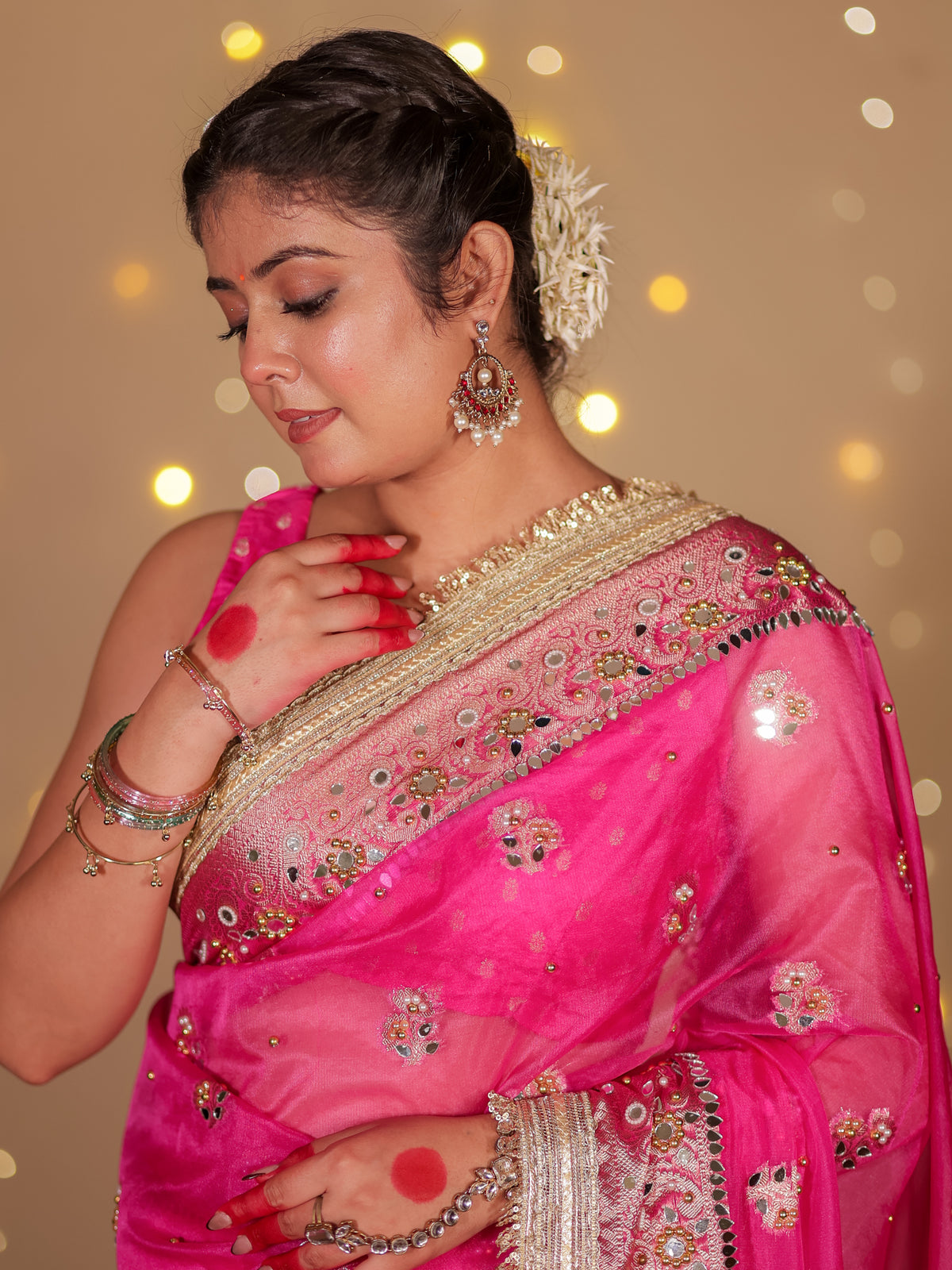 Banarasi Mirror Work Tissue Saree with Lace Border - Magenta