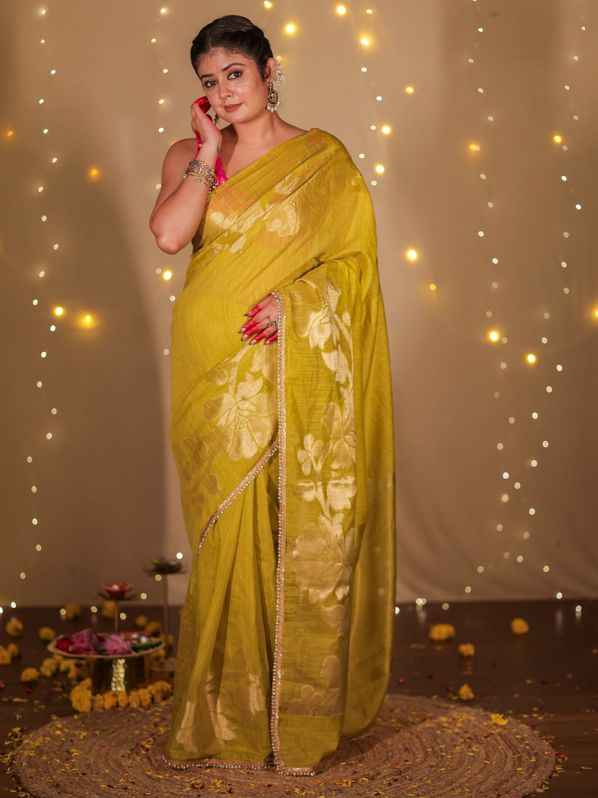 Banarasi Soft Cotton Saree With Lace Border- Green