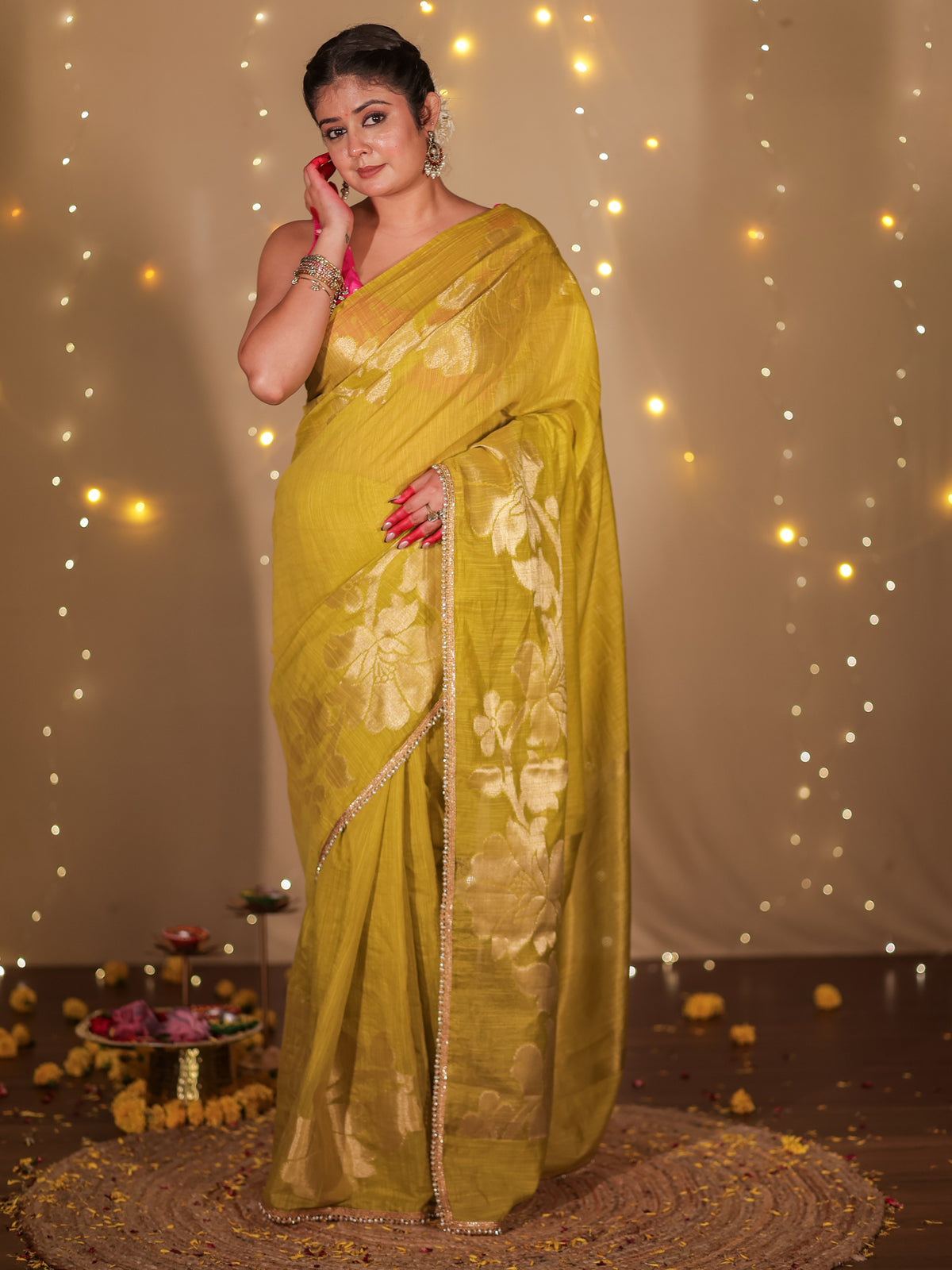 Banarasi Soft Cotton Saree With Lace Border- Green