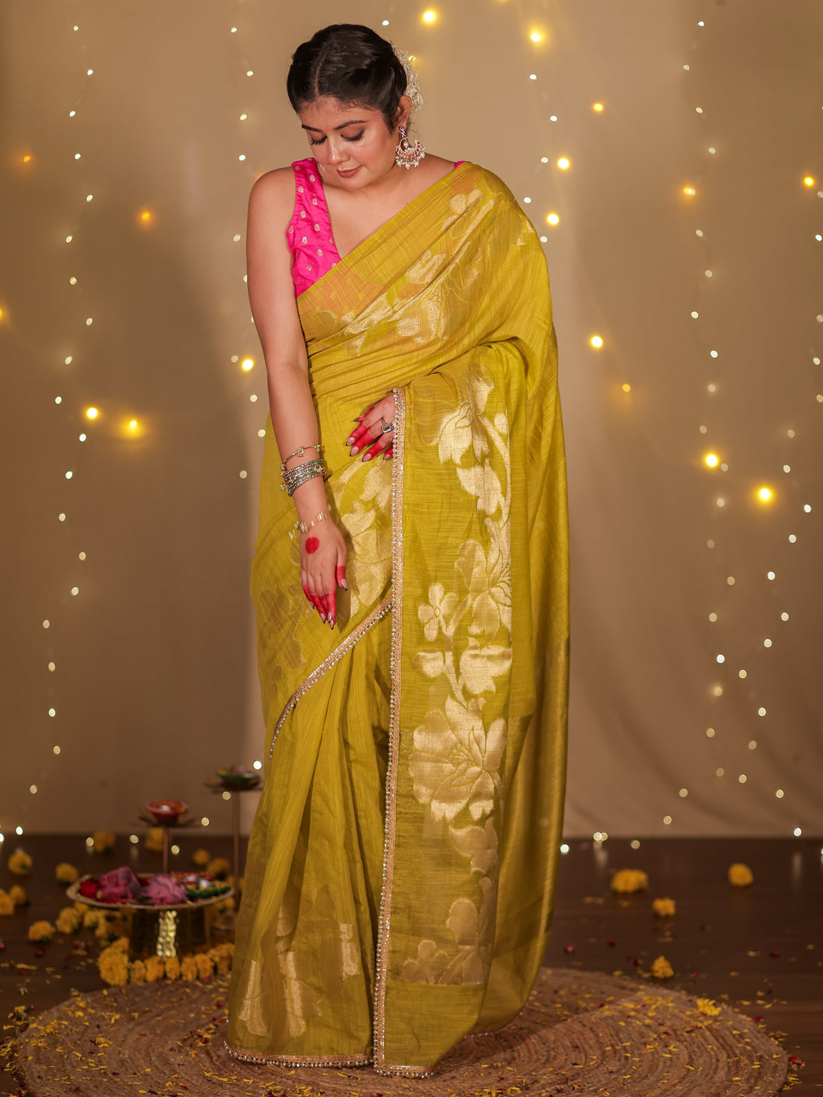 Banarasi Soft Cotton Saree With Lace Border- Green
