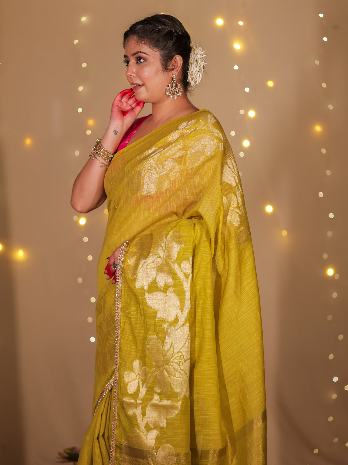 Banarasi Soft Cotton Saree With Lace Border- Green