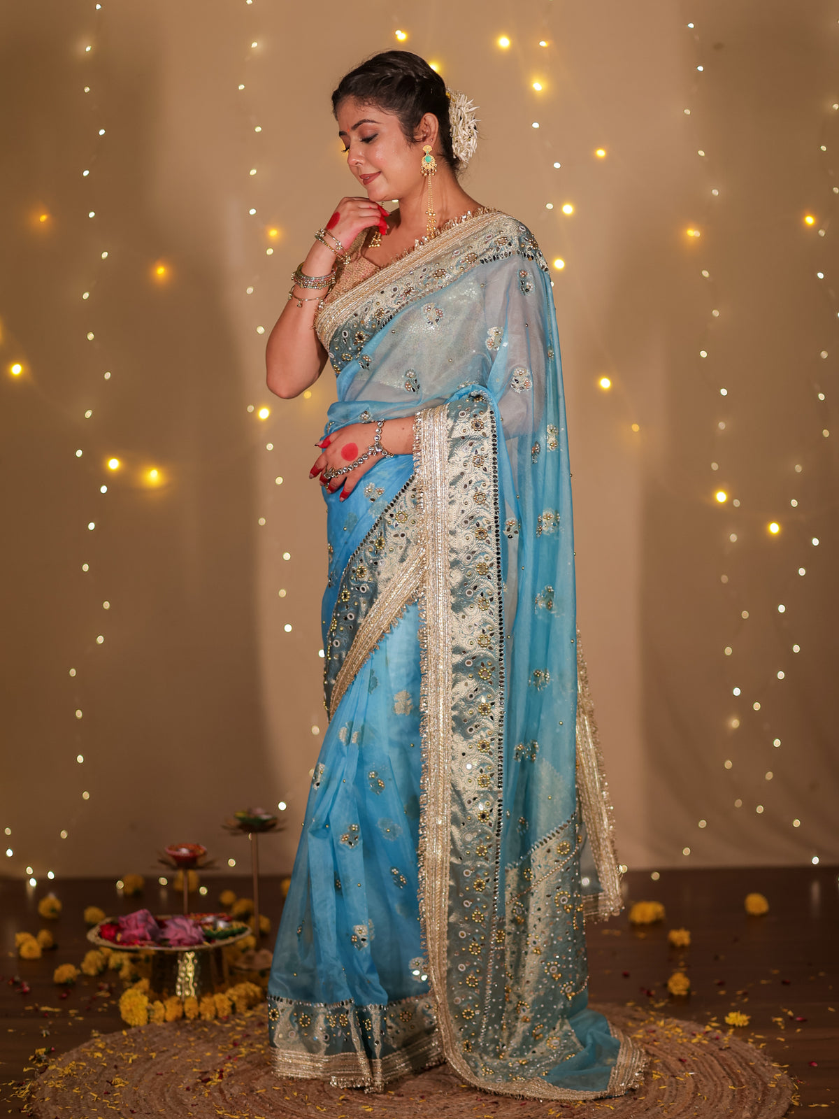 Banarasi Mirror Work Tissue Saree with Lace Border - Light Blue