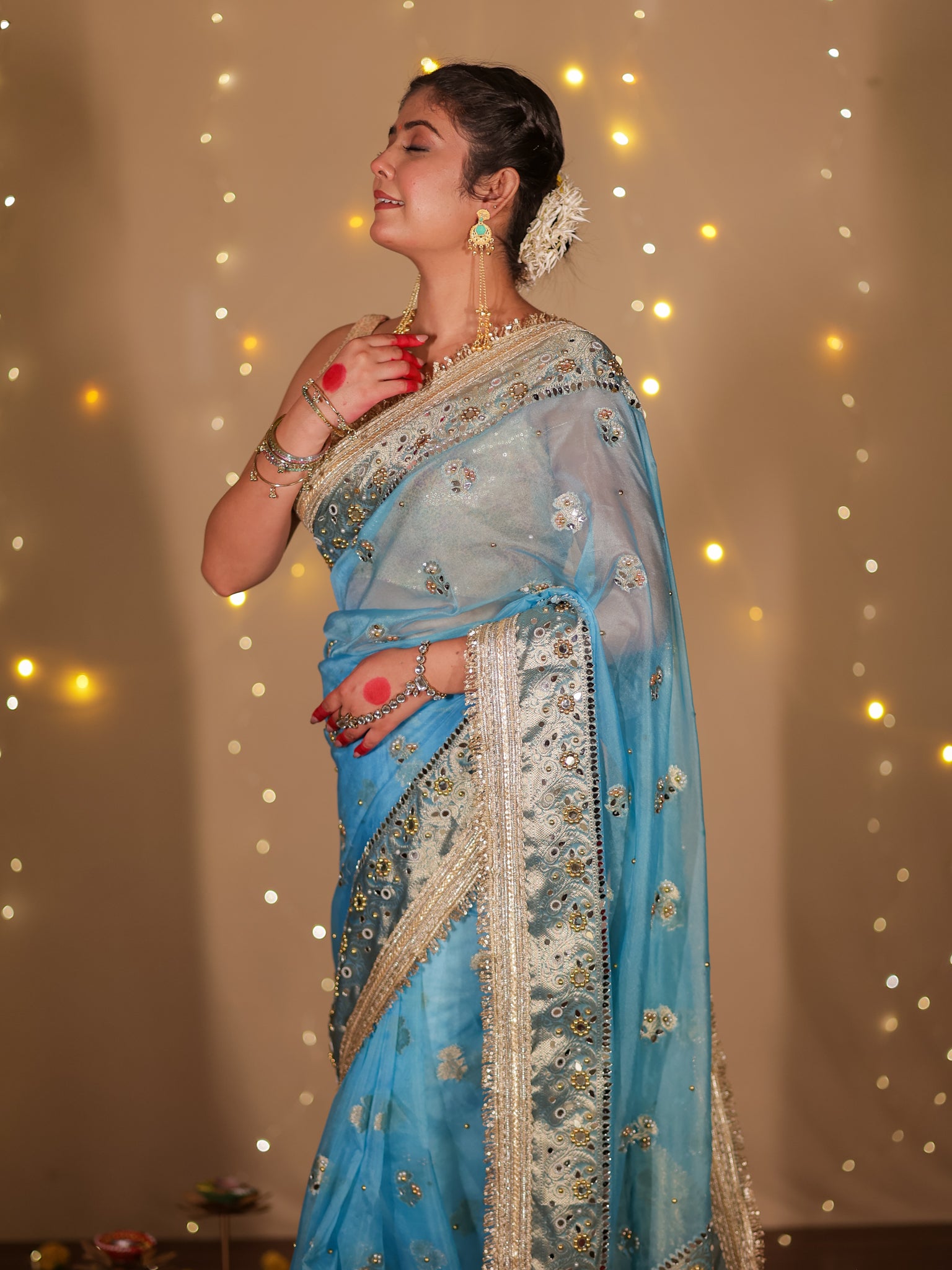 Banarasi Mirror Work Tissue Saree with Lace Border - Light Blue