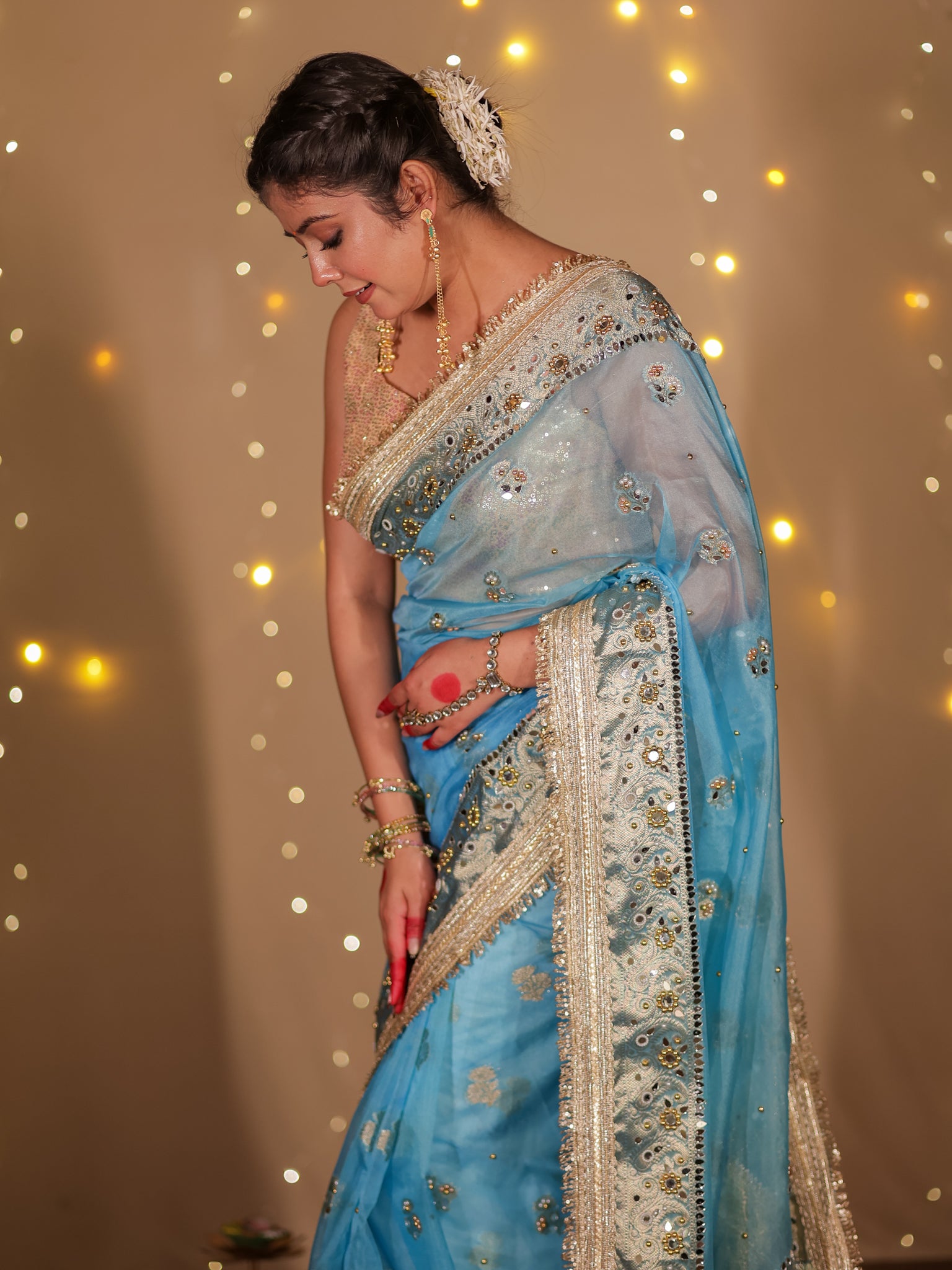 Banarasi Mirror Work Tissue Saree with Lace Border - Light Blue