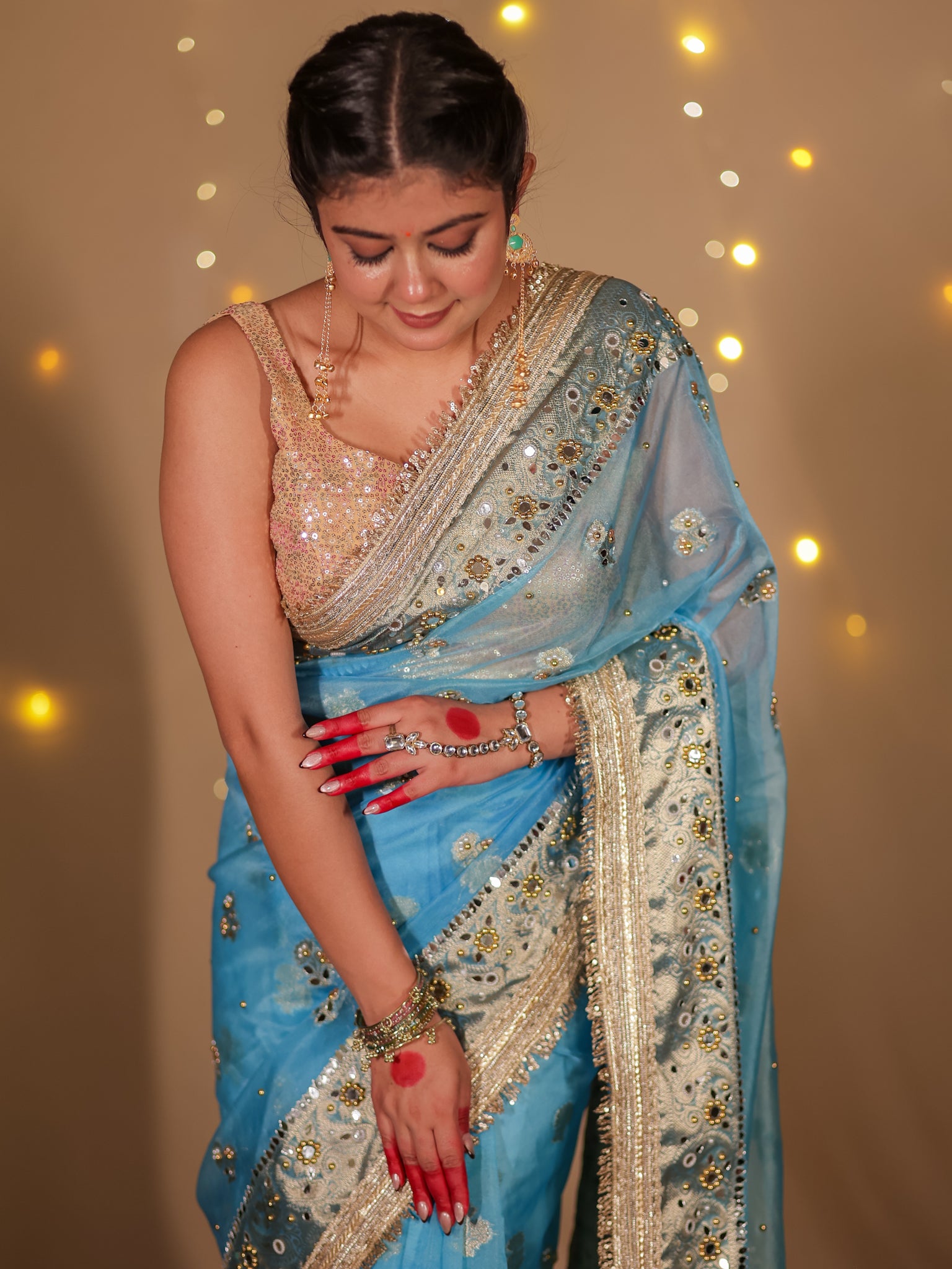 Banarasi Mirror Work Tissue Saree with Lace Border - Light Blue