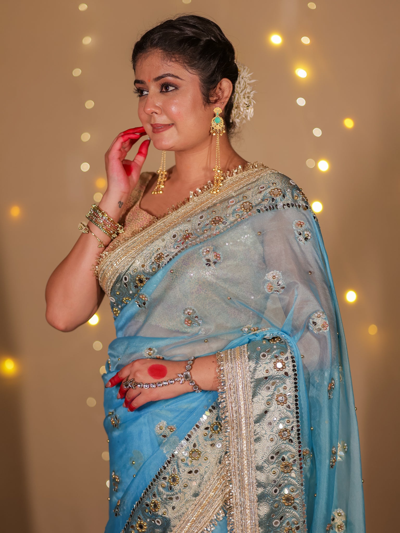 Banarasi Mirror Work Tissue Saree with Lace Border - Light Blue
