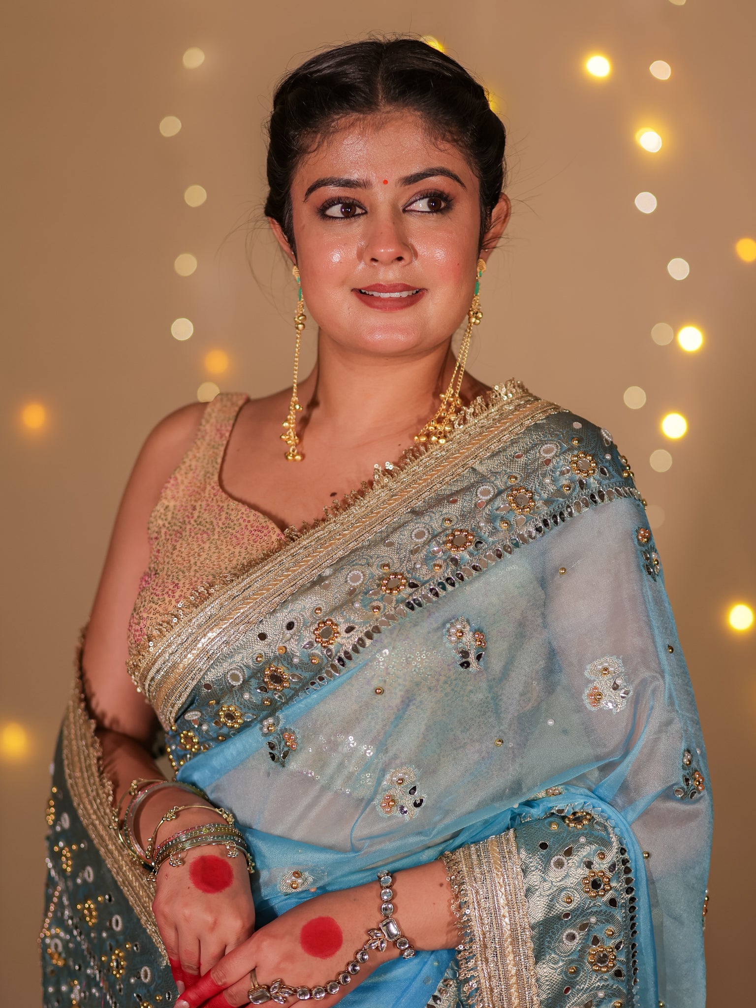 Banarasi Mirror Work Tissue Saree with Lace Border - Light Blue