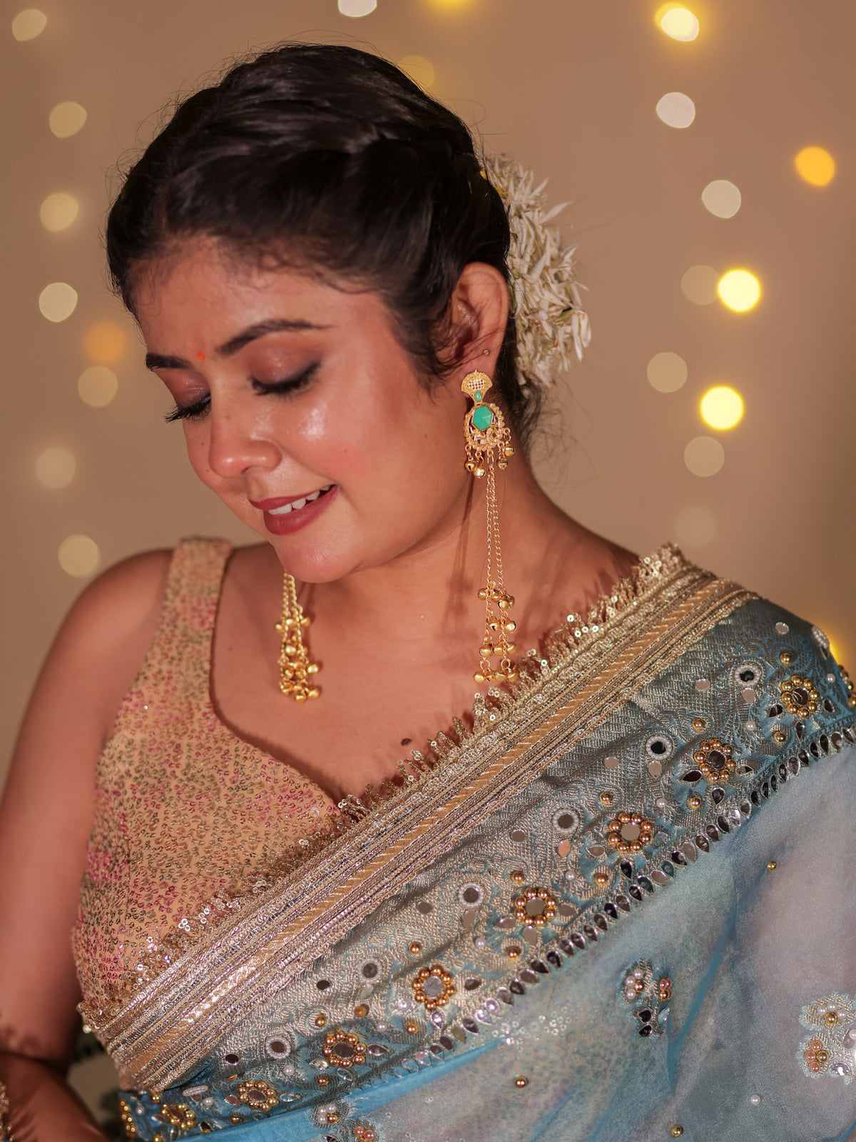 Banarasi Mirror Work Tissue Saree with Lace Border - Light Blue