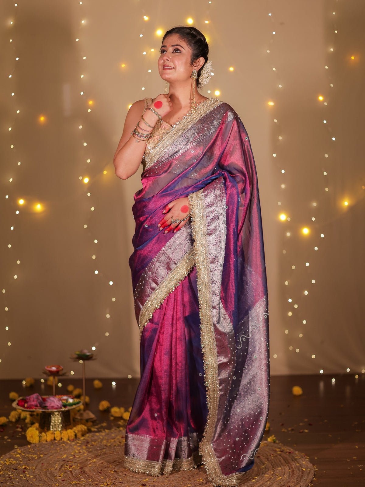 Banarasi Plain Tissue Saree with Lace Border - Purple