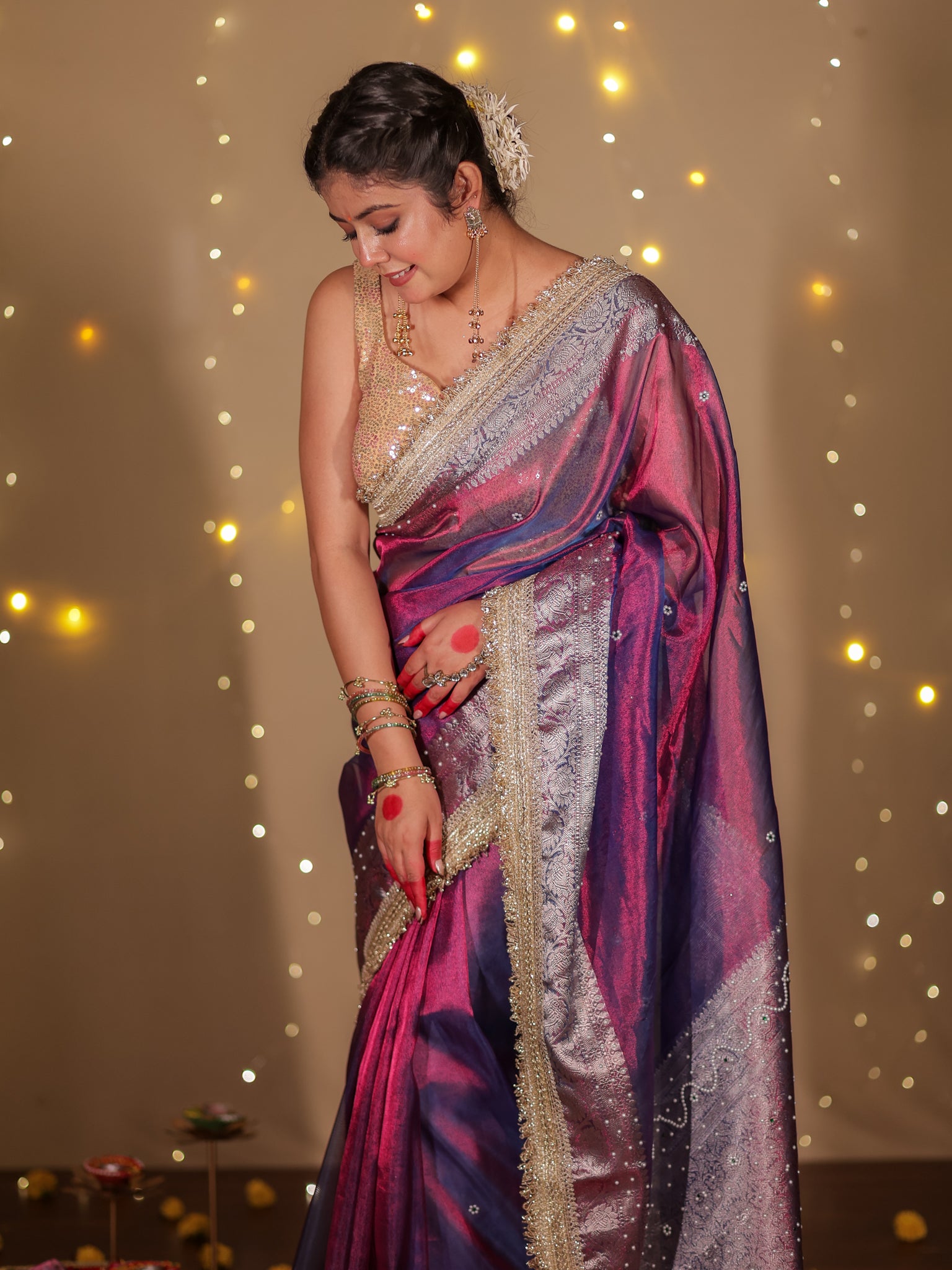 Banarasi Plain Tissue Saree with Lace Border - Purple