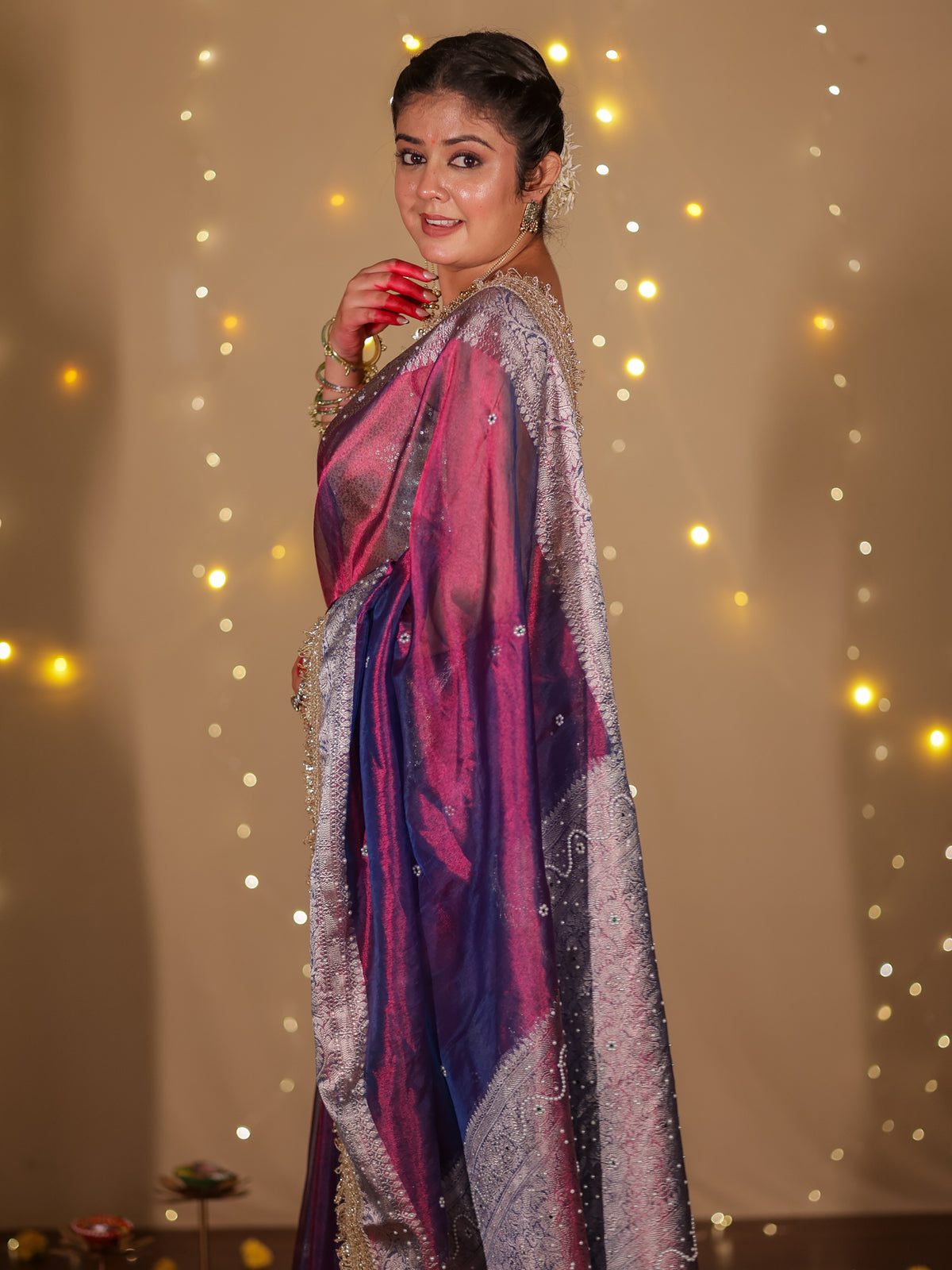Banarasi Plain Tissue Saree with Lace Border - Purple