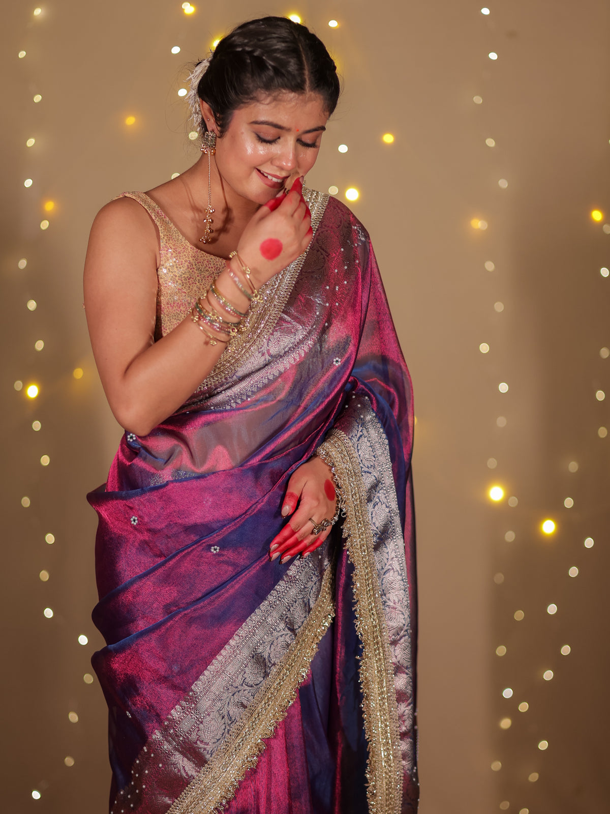 Banarasi Plain Tissue Saree with Lace Border - Purple