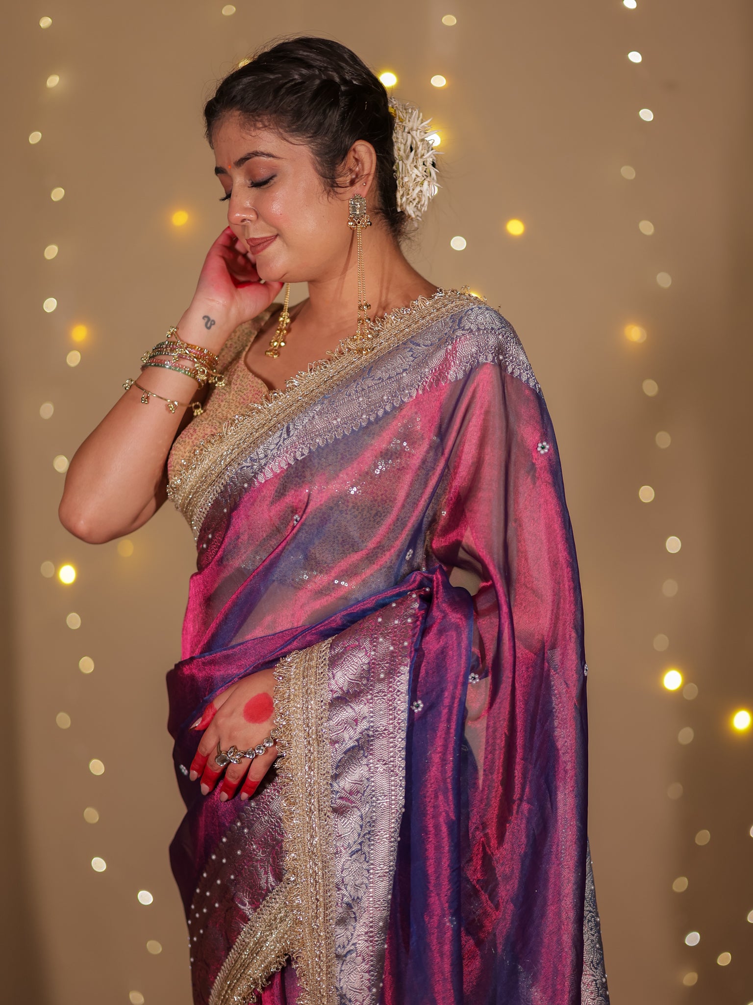 Banarasi Plain Tissue Saree with Lace Border - Purple