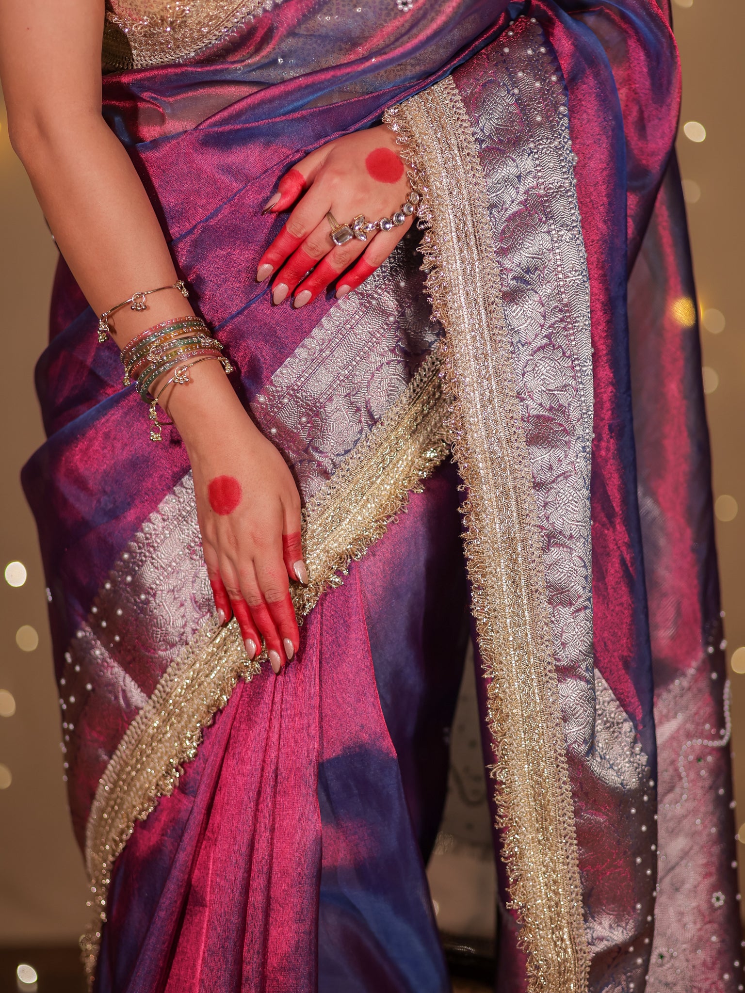 Banarasi Plain Tissue Saree with Lace Border - Purple