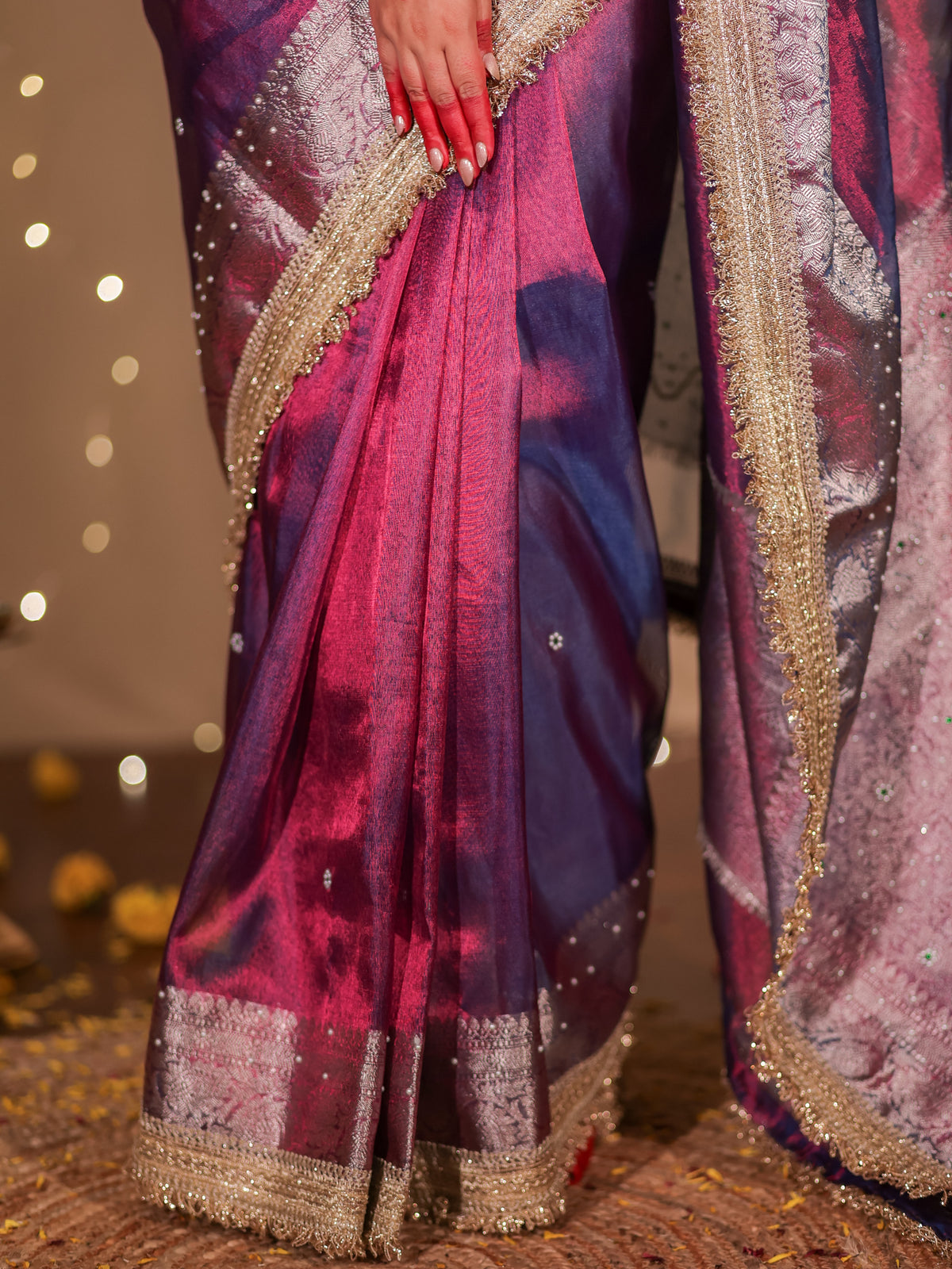 Banarasi Plain Tissue Saree with Lace Border - Purple