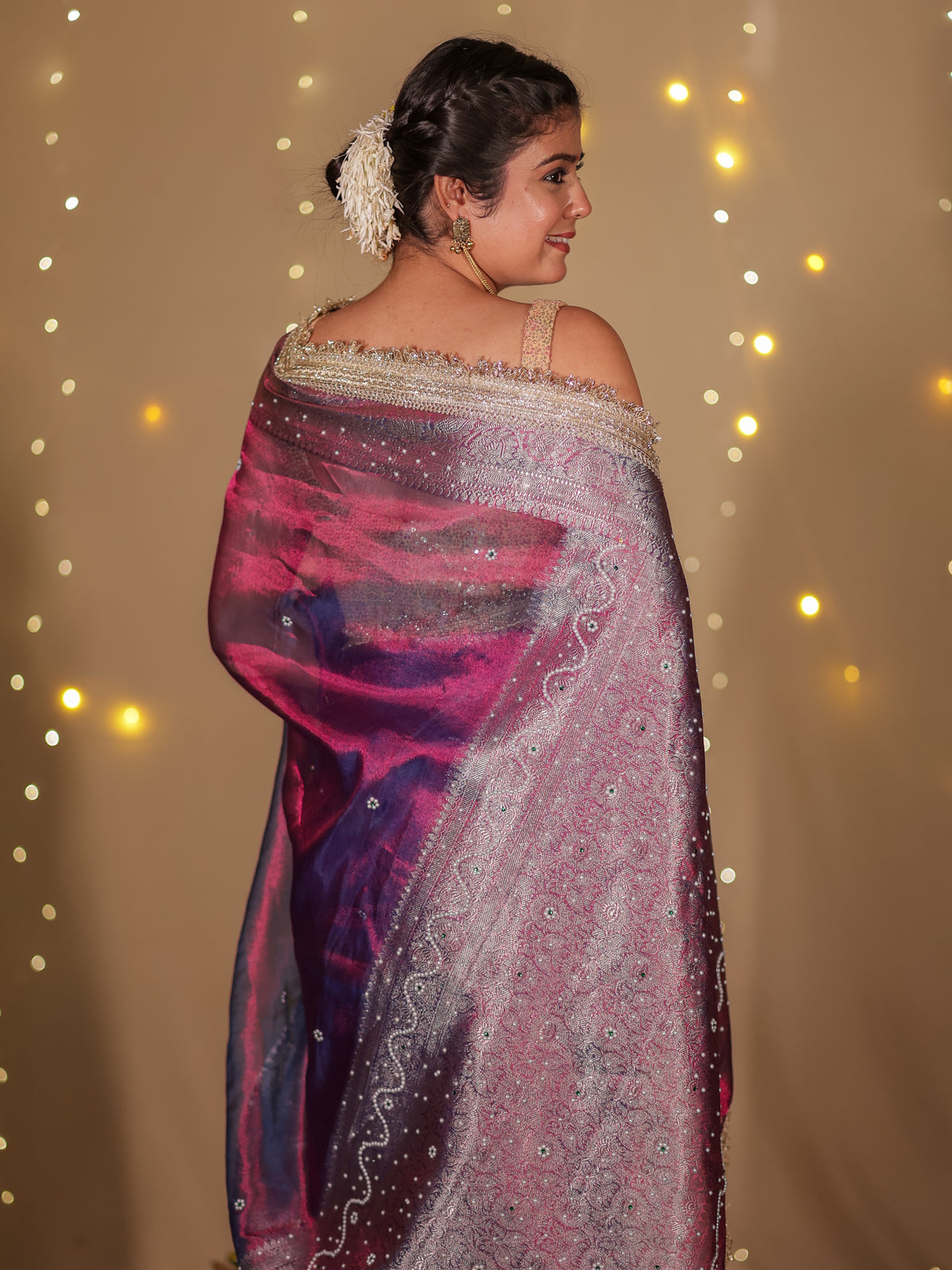 Banarasi Plain Tissue Saree with Lace Border - Purple