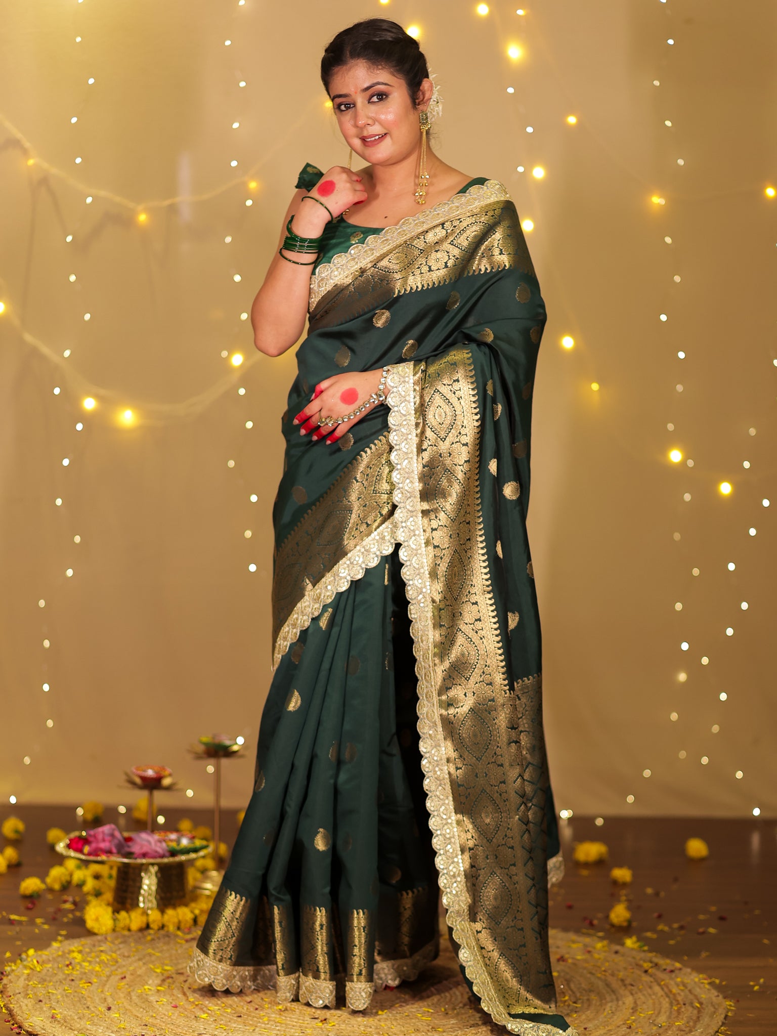 Banarasi Cotton Silk Saree with Lace Border- Green