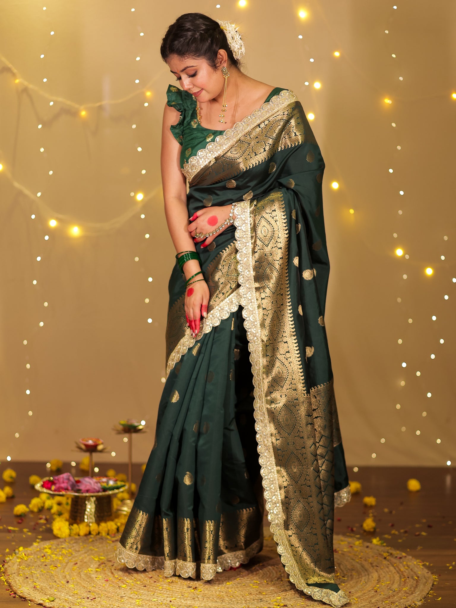 Banarasi Cotton Silk Saree with Lace Border- Green