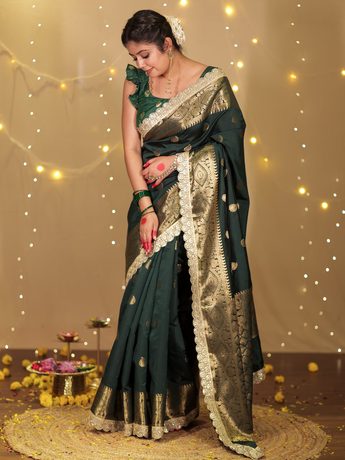 Banarasi Cotton Silk Saree with Lace Border- Green