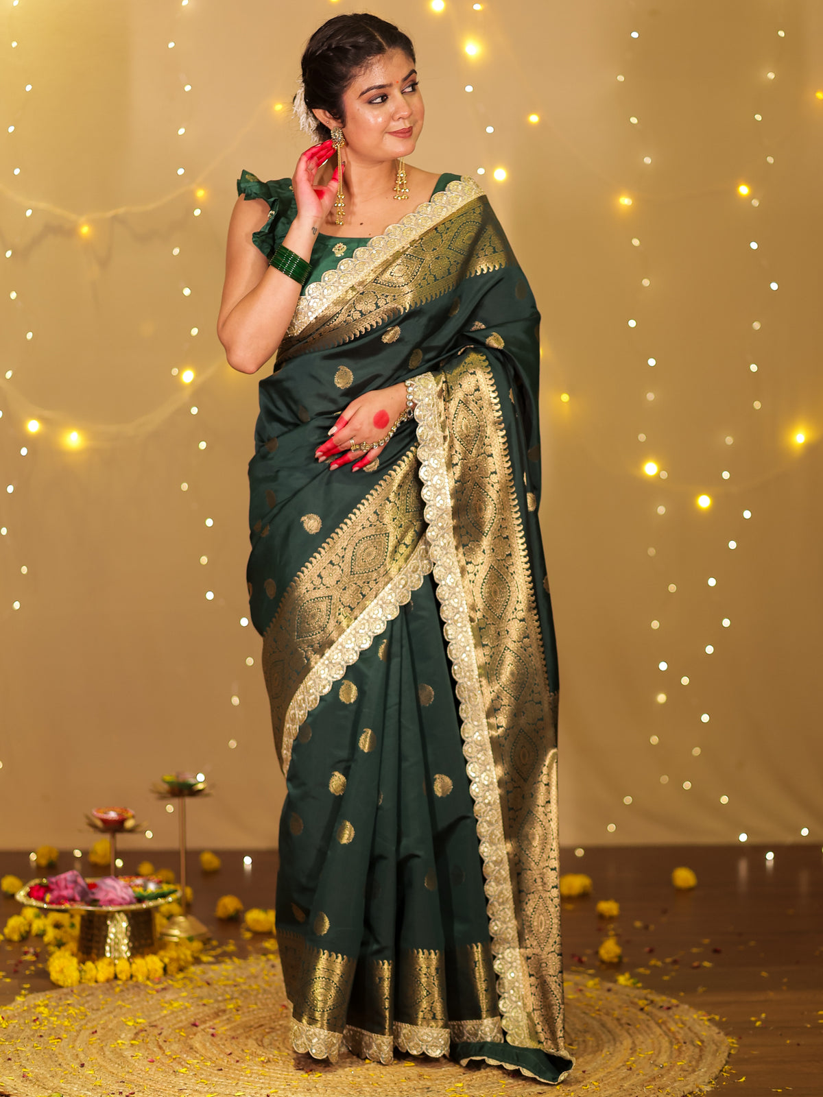Banarasi Cotton Silk Saree with Lace Border- Green