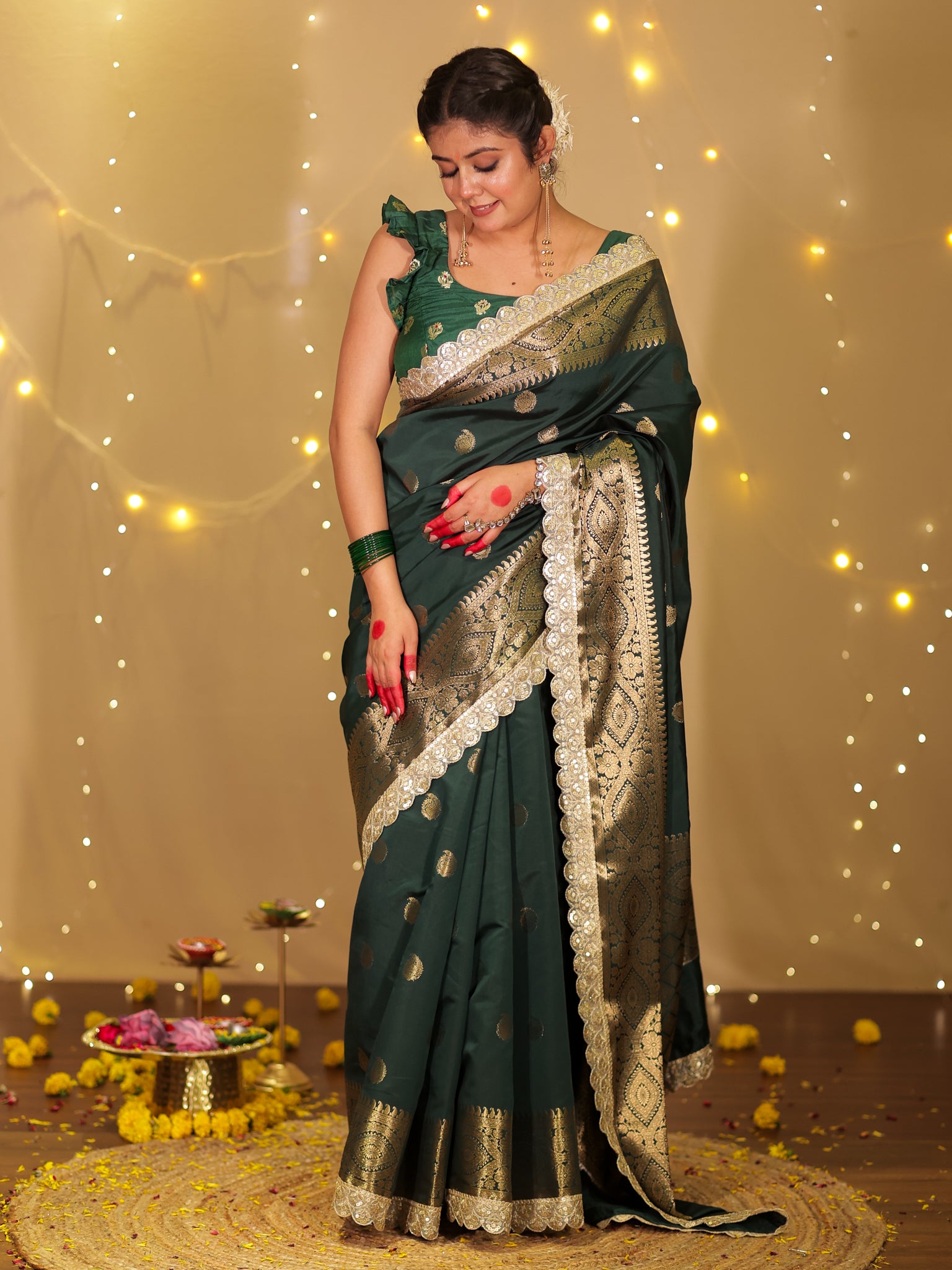 Banarasi Cotton Silk Saree with Lace Border- Green