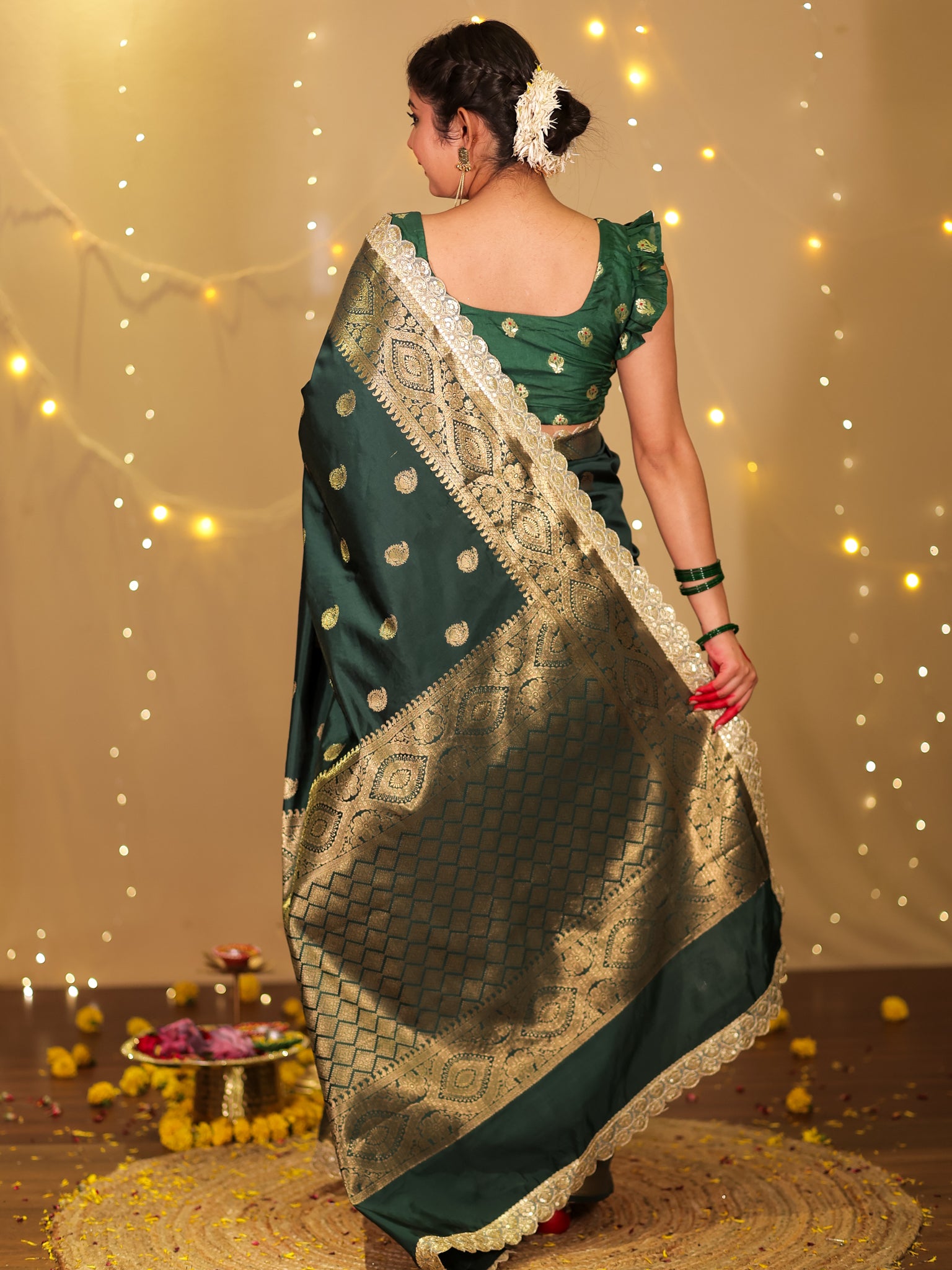Banarasi Cotton Silk Saree with Lace Border- Green