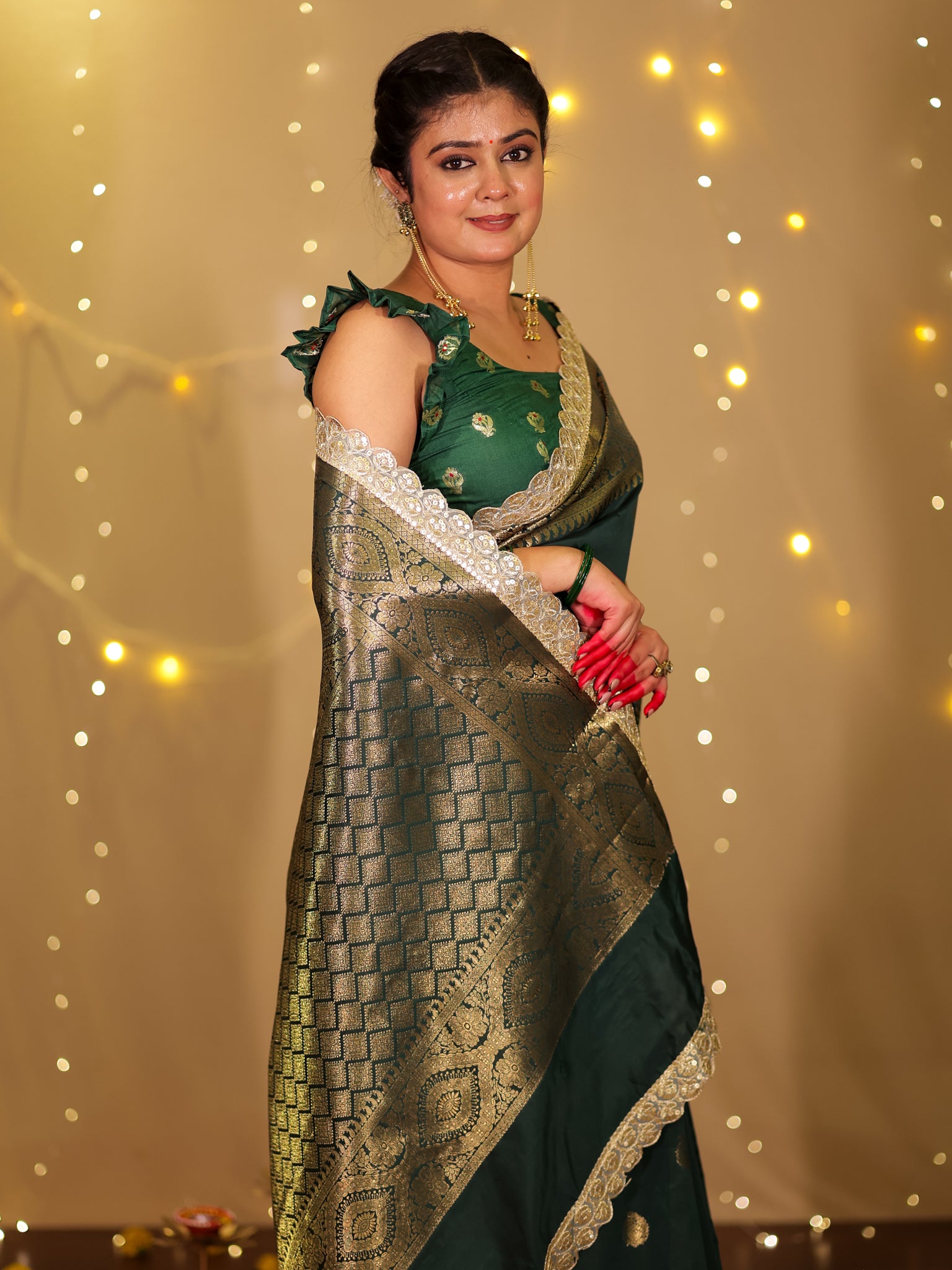Banarasi Cotton Silk Saree with Lace Border- Green
