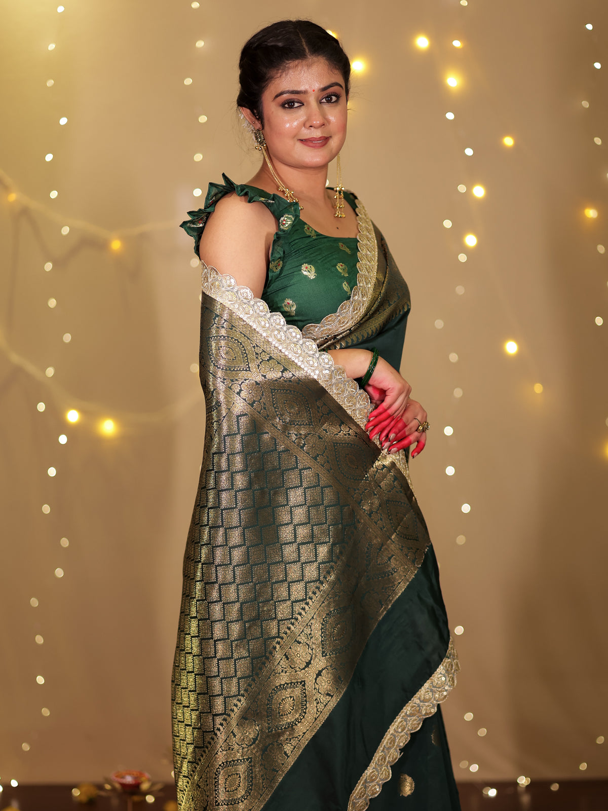 Banarasi Cotton Silk Saree with Lace Border- Green
