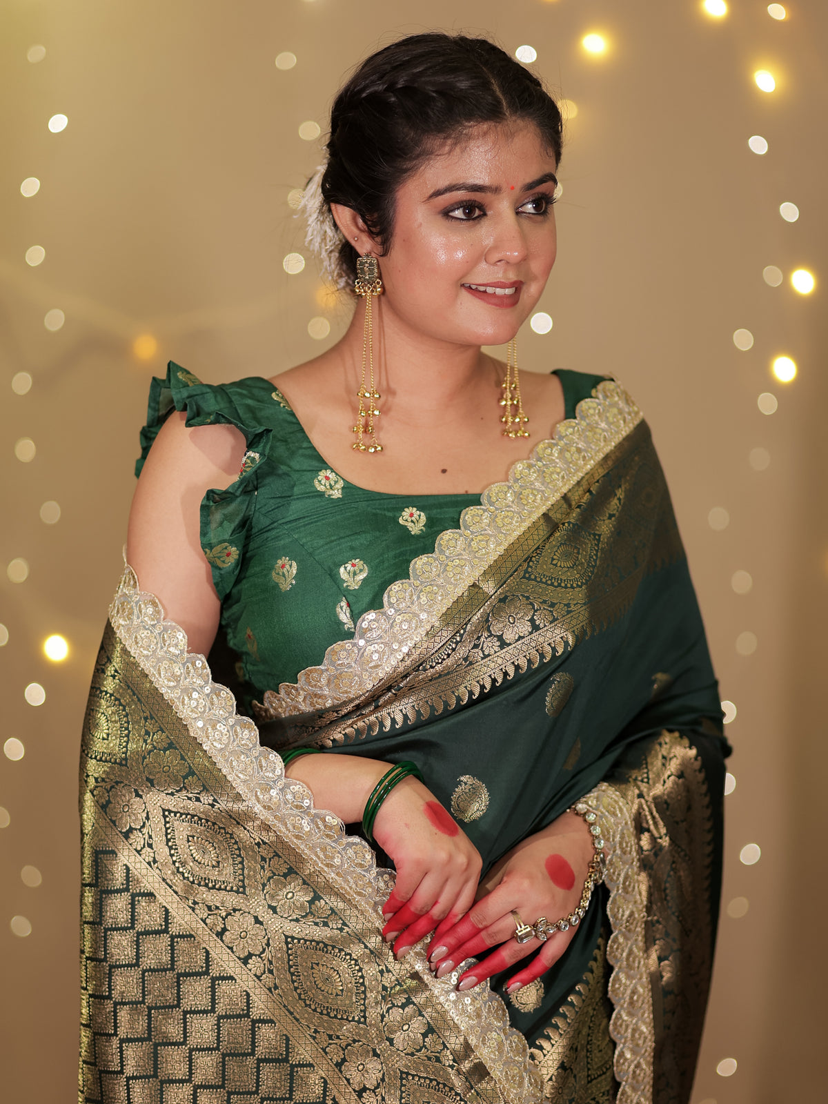 Banarasi Cotton Silk Saree with Lace Border- Green