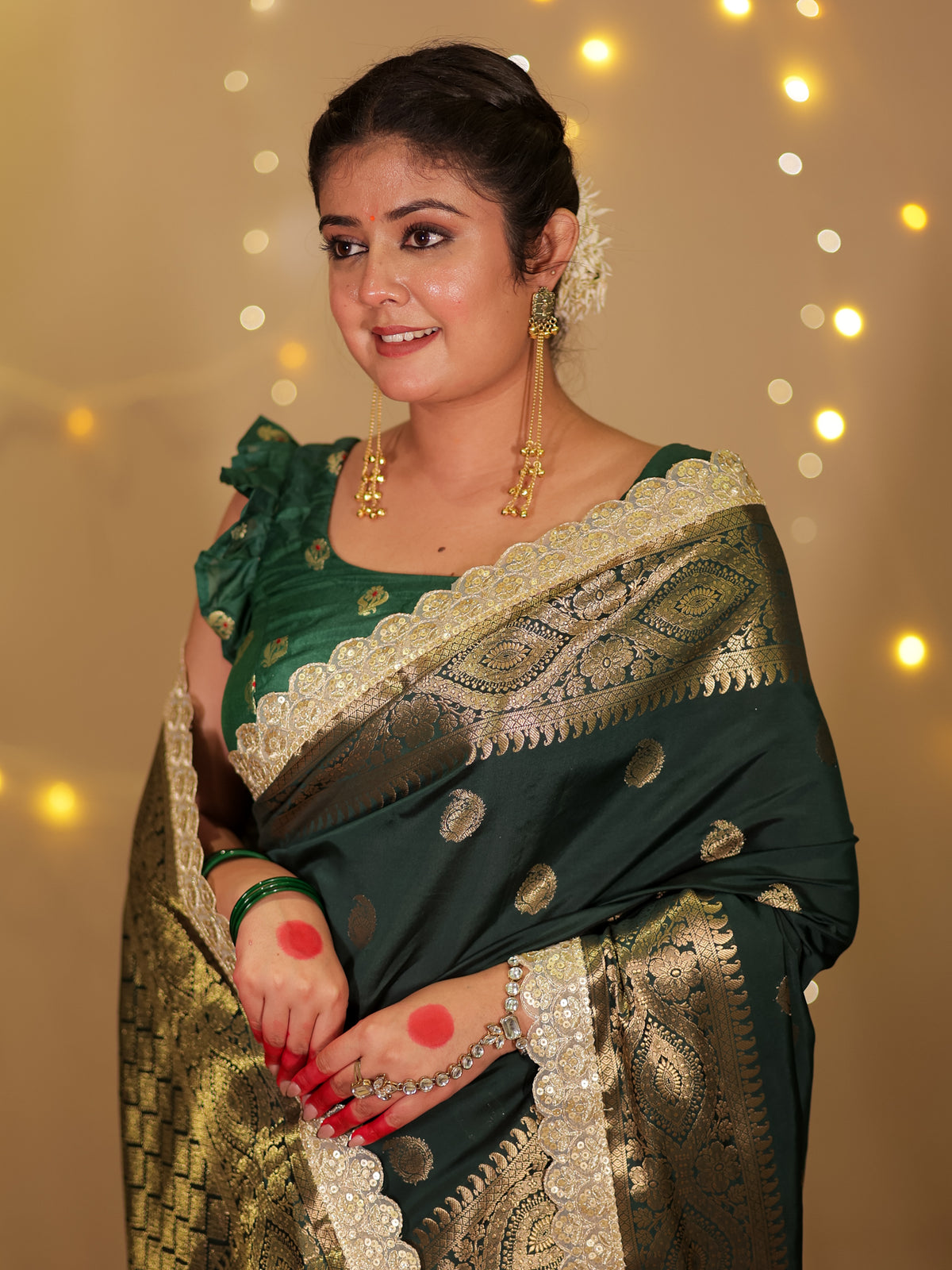 Banarasi Cotton Silk Saree with Lace Border- Green