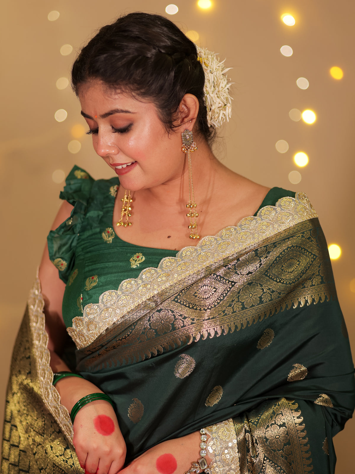 Banarasi Cotton Silk Saree with Lace Border- Green