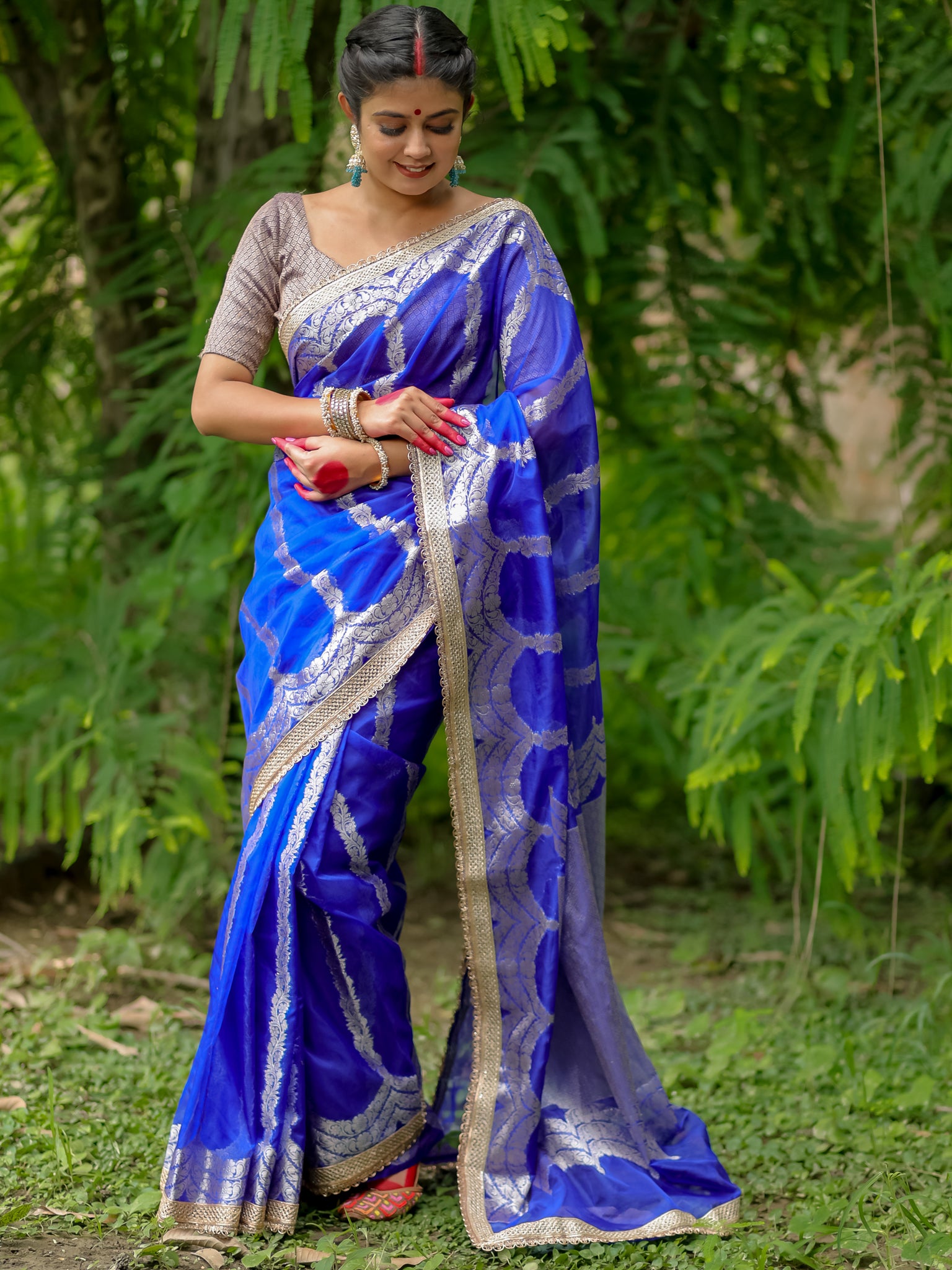 Banarasi Organza Saree With Lace Border - Blue