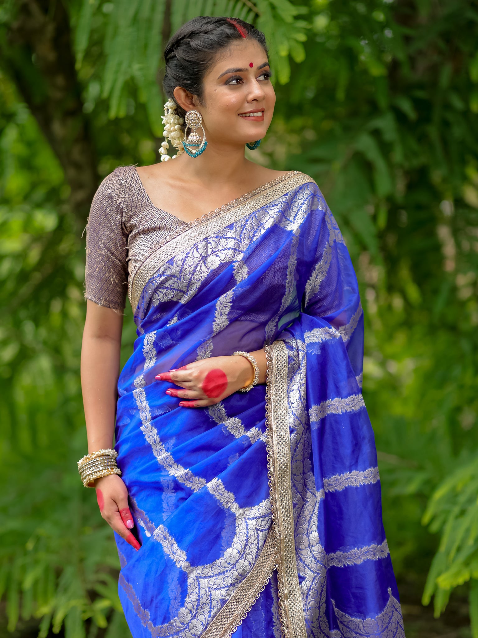 Banarasi Organza Saree With Lace Border - Blue
