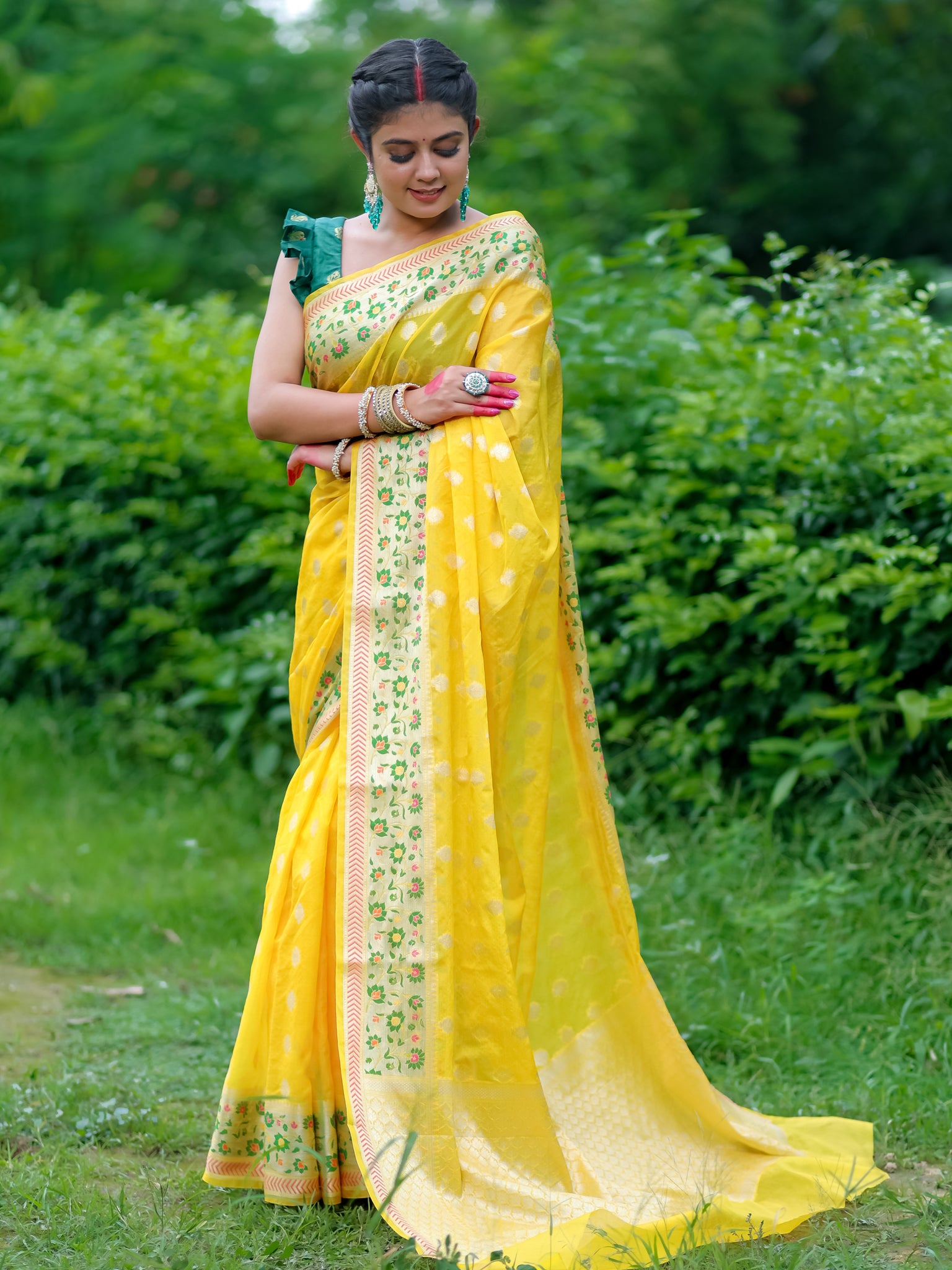 Banarasi Cotton Silk Saree With Meena Border - Yellow