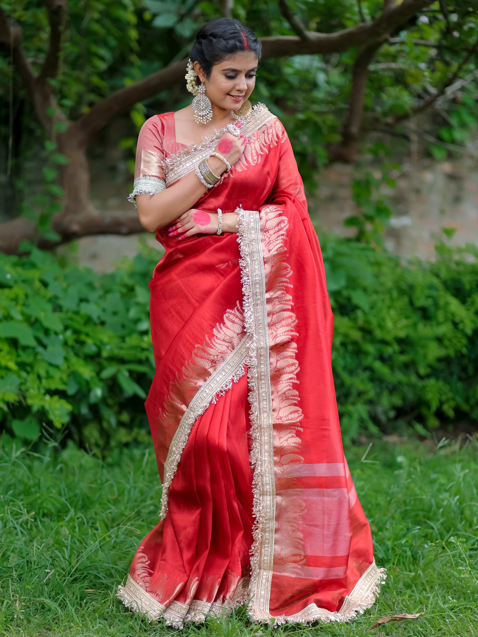 Banarasi Tissue Saree With Lace Border - Red