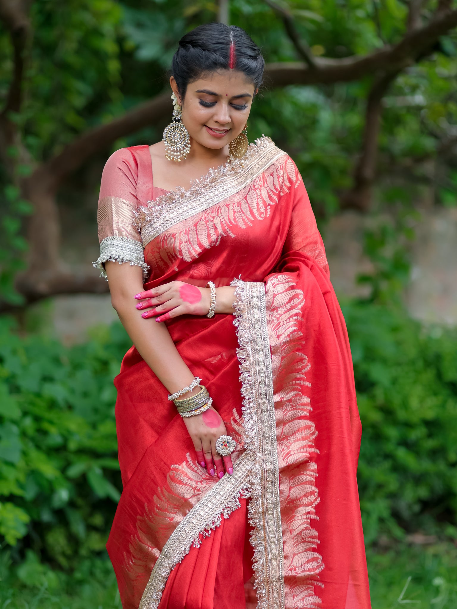 Banarasi Tissue Saree With Lace Border - Red