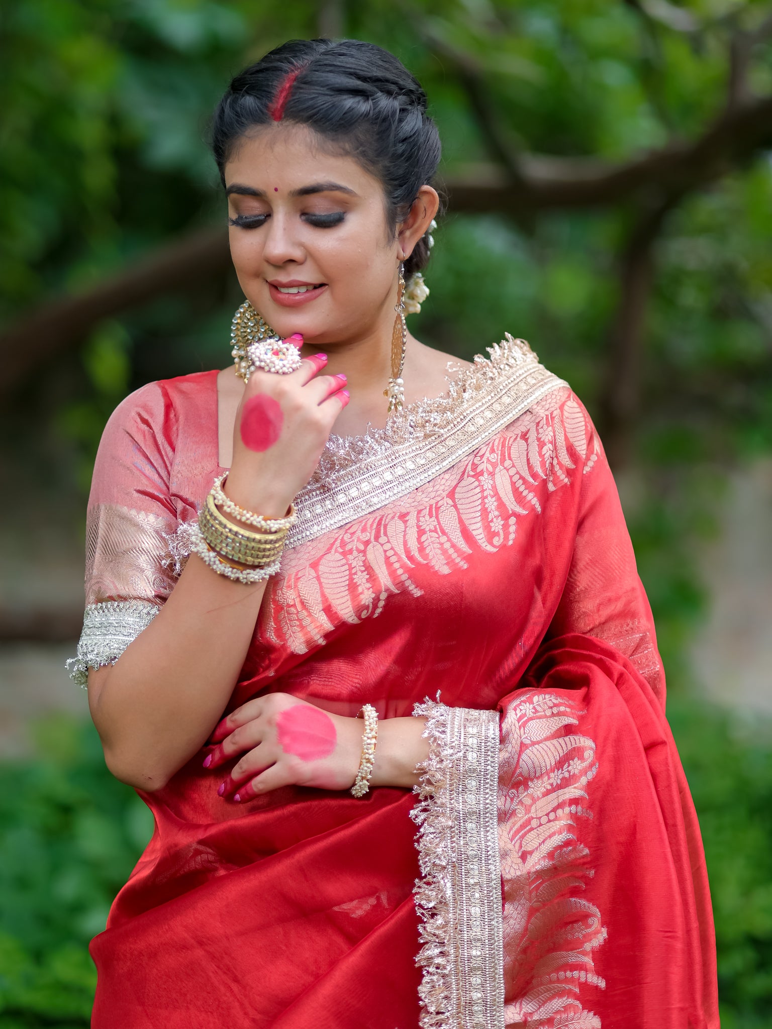 Banarasi Tissue Saree With Lace Border - Red